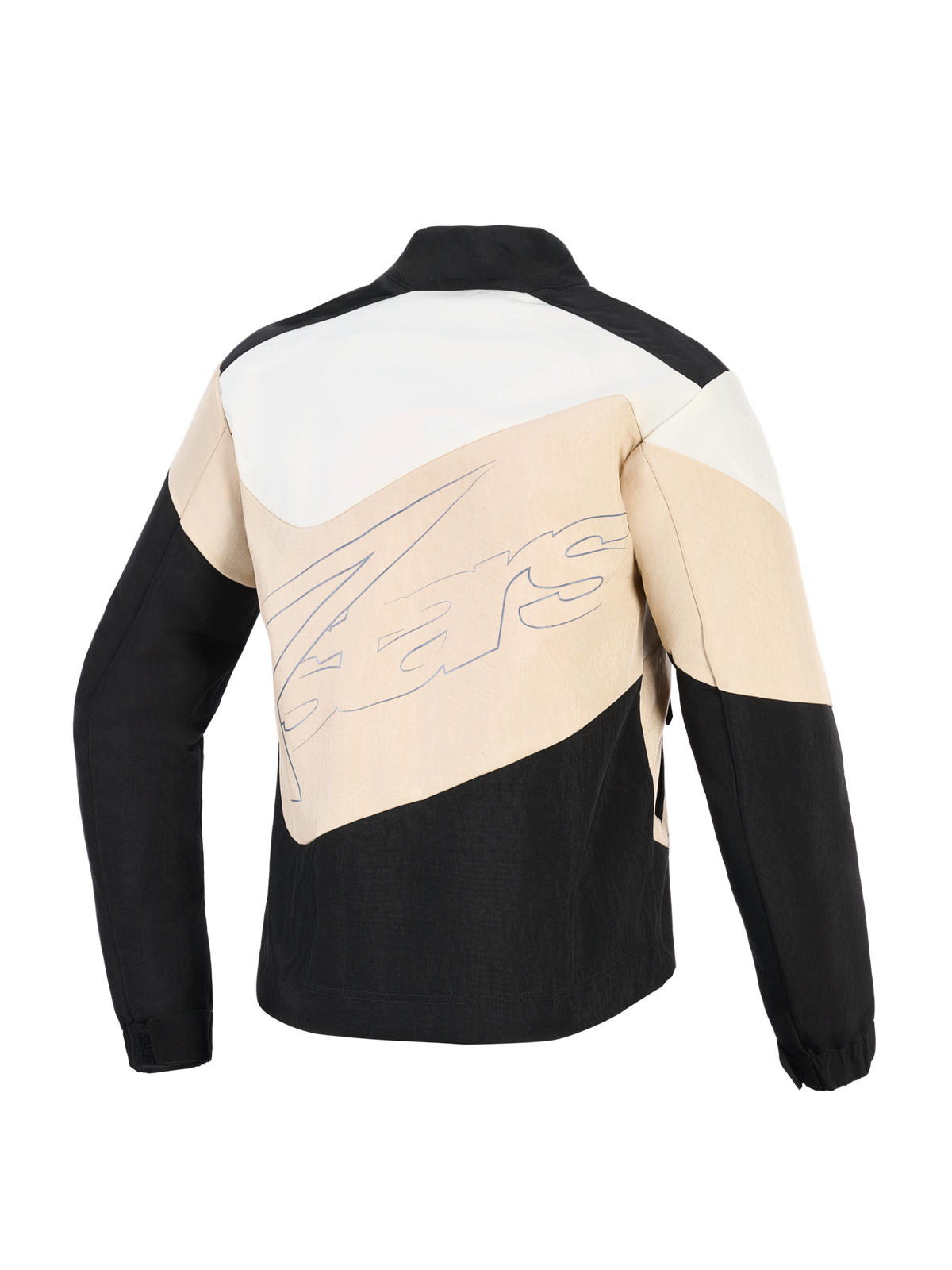 Alpinestars Stella Moshell Jacket, casaco de motociclismo urbano para mulher, preto, areia e branco sujo, vista traseira com painéis assimétricos em blocos de cor e um grande logótipo da marca em letra cursiva no centro.