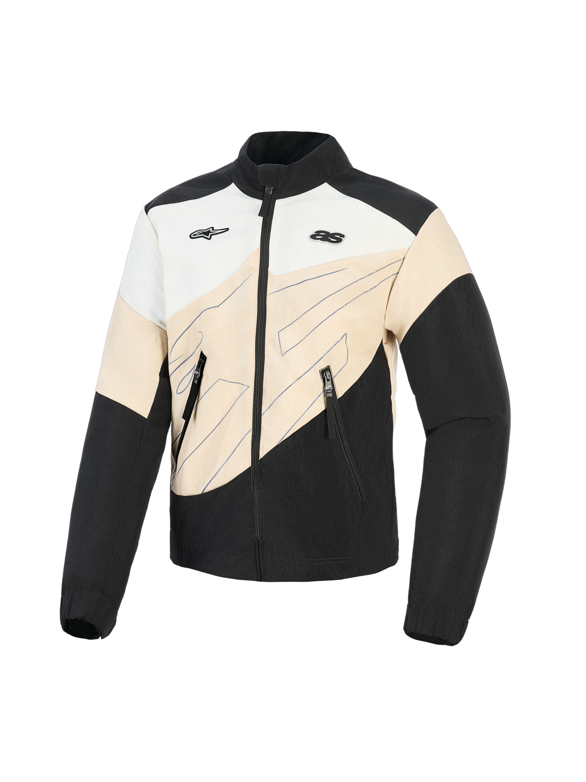 Alpinestars Stella Moshell Jacket, casaco de motociclismo urbano para mulher, preto, areia e branco sujo, design color-block assimétrico com grafismos de linhas azuis, fecho de correr frontal e dois logótipos no peito, equipamento de condução protetor inspirado em streetwear
