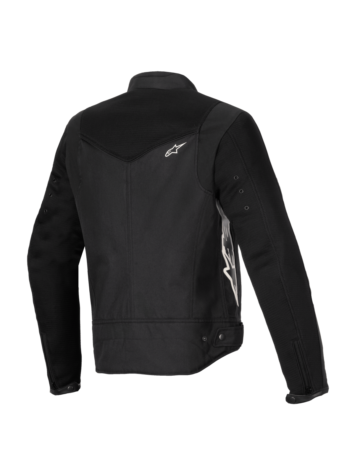 Casaco Alpinestars Stella T-Dyno Air, casaco de motociclismo para mulher, preto, vista traseira em três quartos com painéis de malha 3D alargados na pala e nas mangas, logótipo Alpinestars branco, construção têxtil ajustada para condução no verão