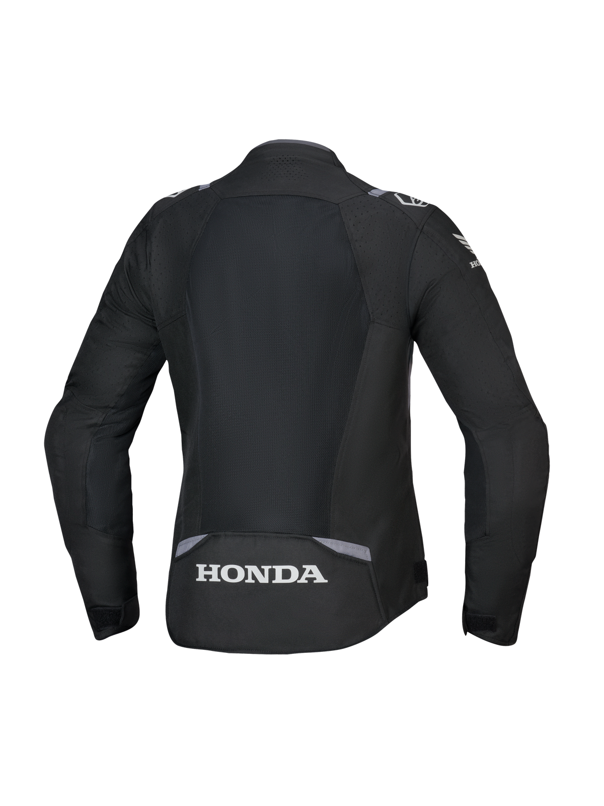 Alpinestars Honda Stella T-SPS Air V2 Jacket, vista traseira, preto com pormenores em cinzento escuro e cinzento gelo, com um grande painel traseiro em malha técnica e logótipo Honda branco na parte inferior das costas, ajuste específico para mulher orientado para a performance.