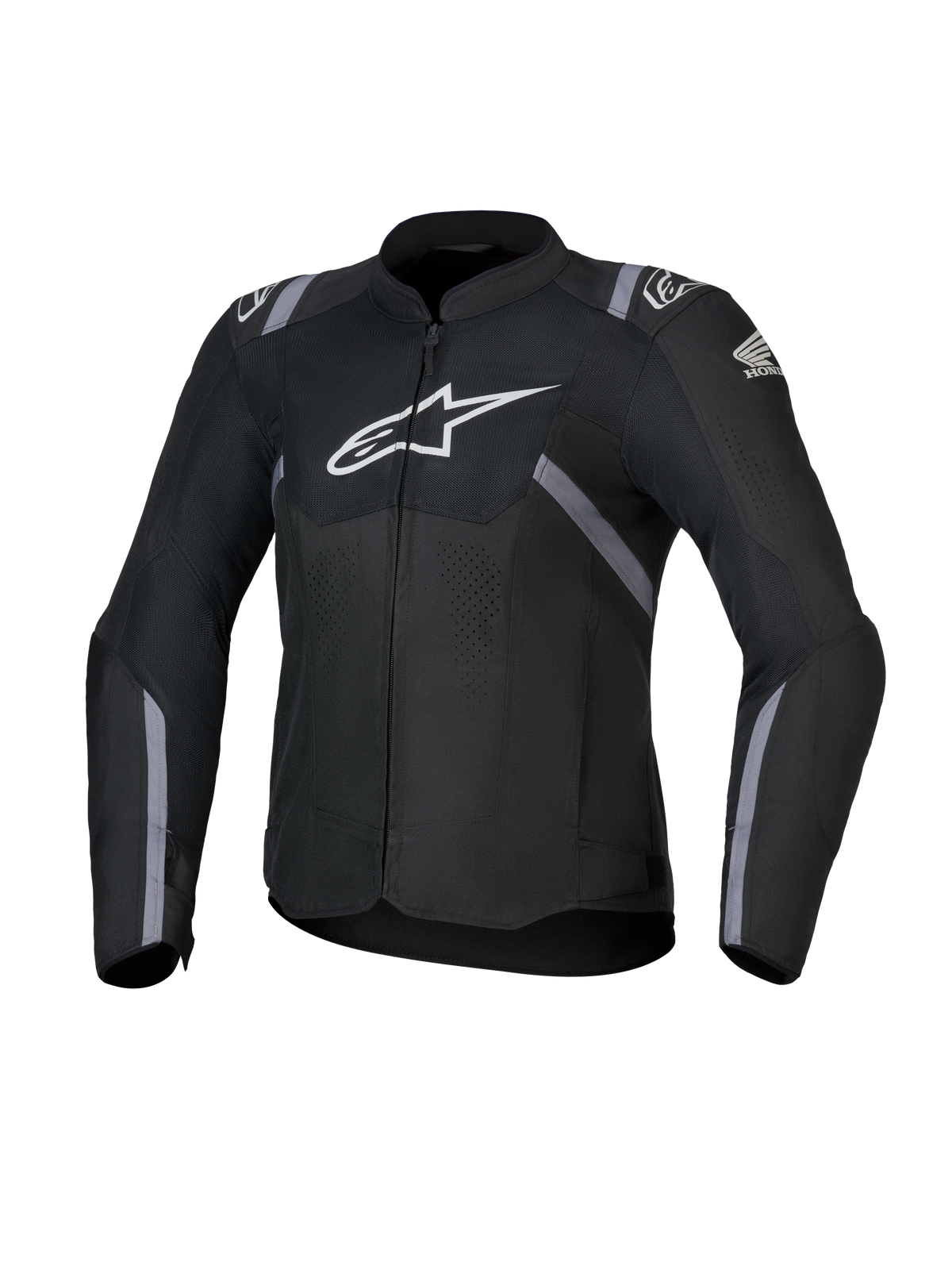Alpinestars Honda Woman Stella T-SPS Air V2 Jacket, casaco de motociclismo têxtil para mulher, preto com logótipos Alpinestars e Honda brancos, pormenores de riscas cinzentas, painéis em malha perfurada para circulação de ar, ajuste de condução desportiva