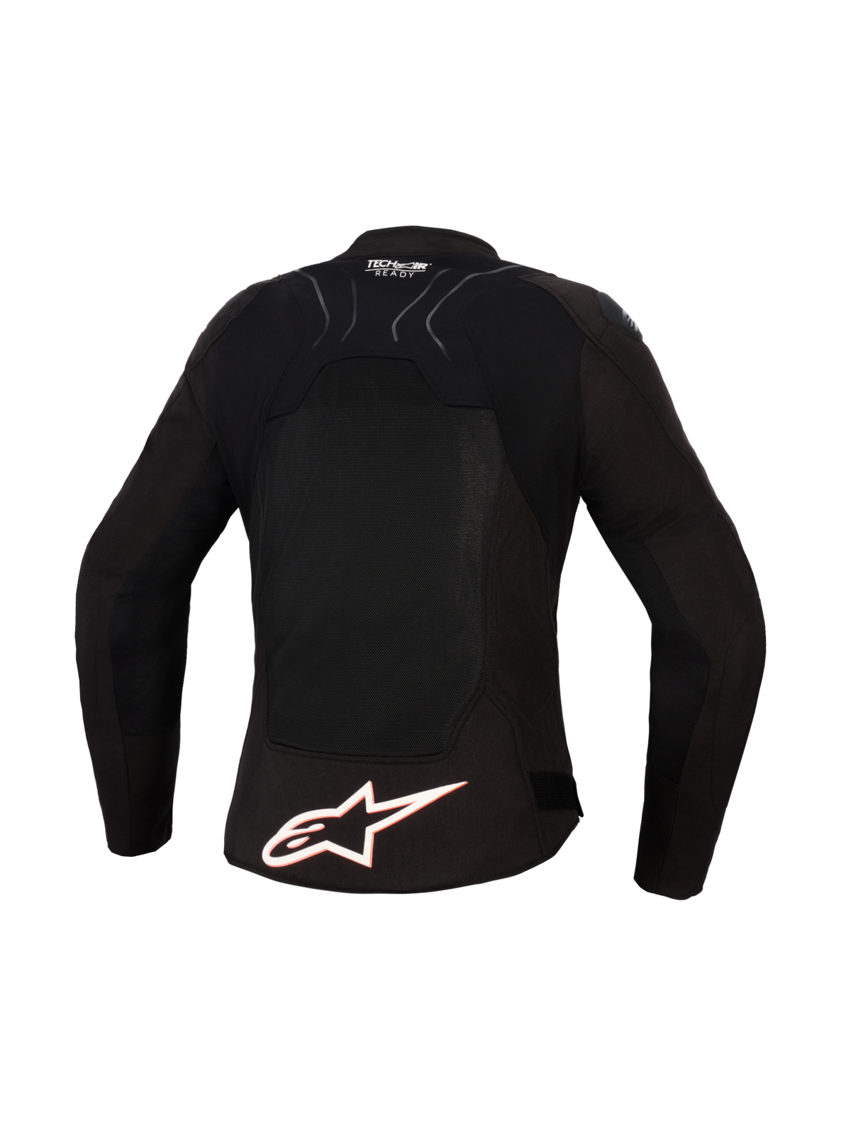 Alpinestars Woman Stella SMX Air Jacket, vista traseira, preto com detalhes em branco e vermelho fluorescente, apresentando um logótipo grande da Alpinestars a branco na zona inferior das costas, painéis em malha de alto fluxo para ventilação e marcação Tech-Air Ready na parte superior das costas.
