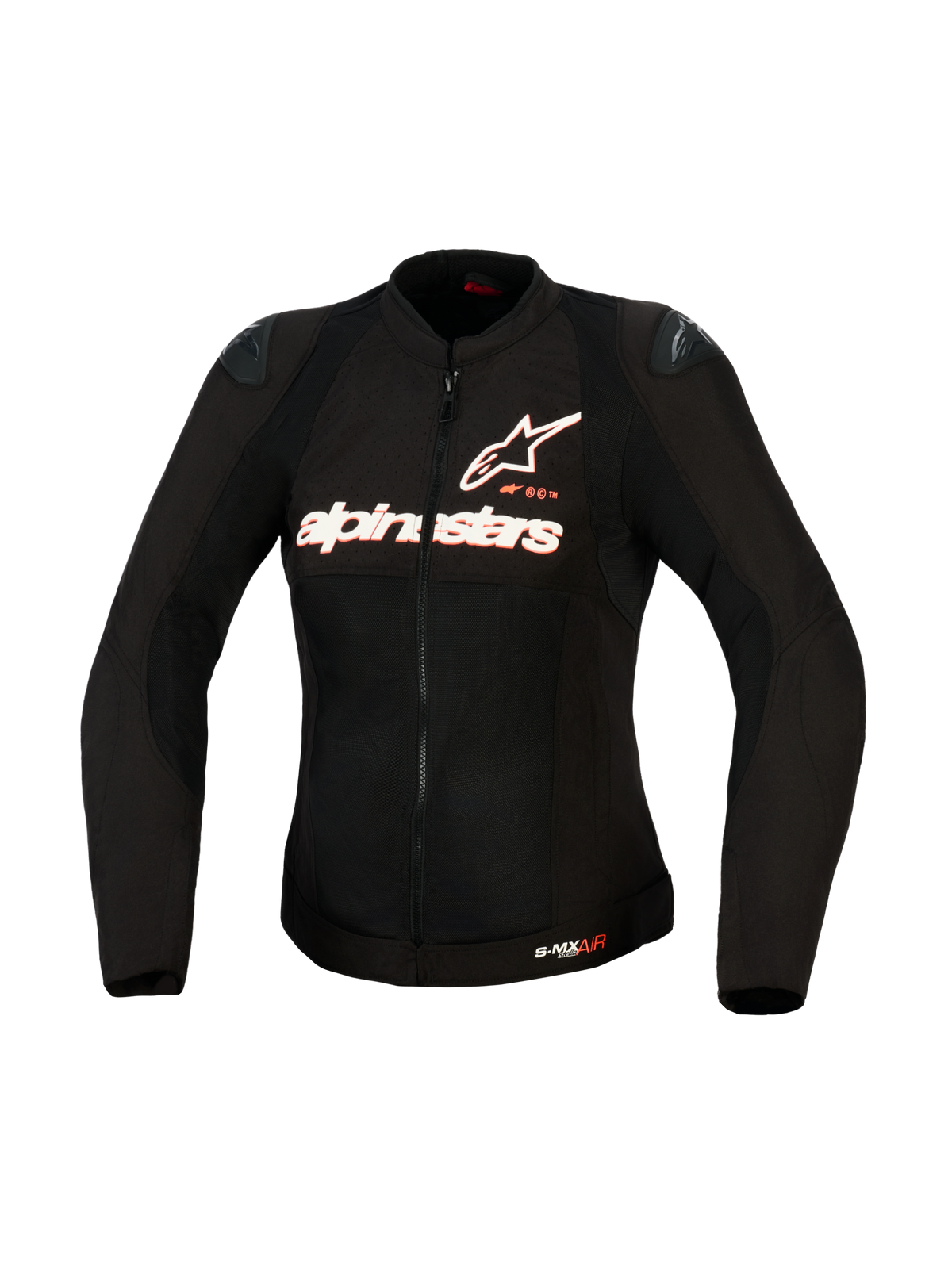 Casaco Alpinestars Stella SMX Air para Mulher, casaco de motociclismo têxtil, preto com logótipos em branco e vermelho fluo, vista frontal mostrando a construção em malha de alto fluxo, logótipo Alpinestars no peito e deslizadores de ombro DFS Lite, corte específico para mulher