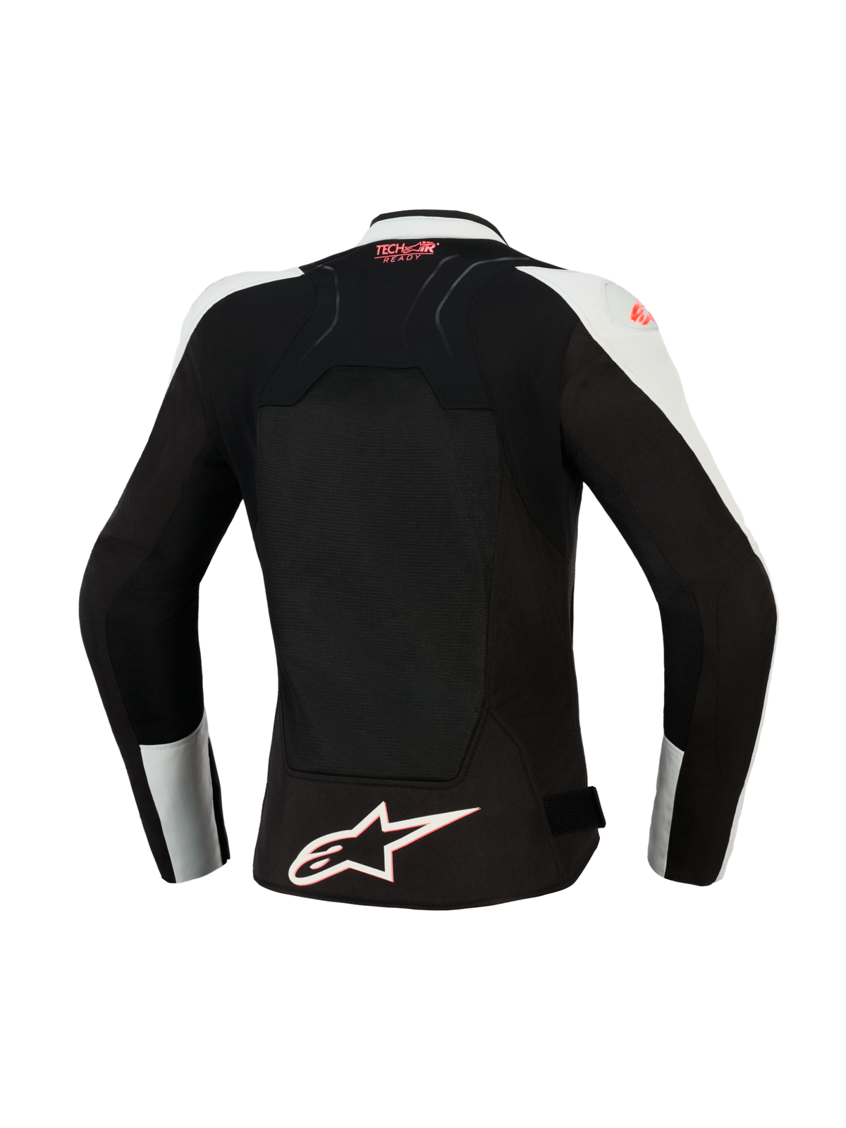 Casaco Alpinestars Stella SMX Air para Mulher, vista traseira, Cinzento Ice e Preto com detalhes Coral Fluo, painel traseiro em malha ventilada, logótipo Tech-Air Ready na parte superior das costas e logótipo de estrela Alpinestars branco na bainha.