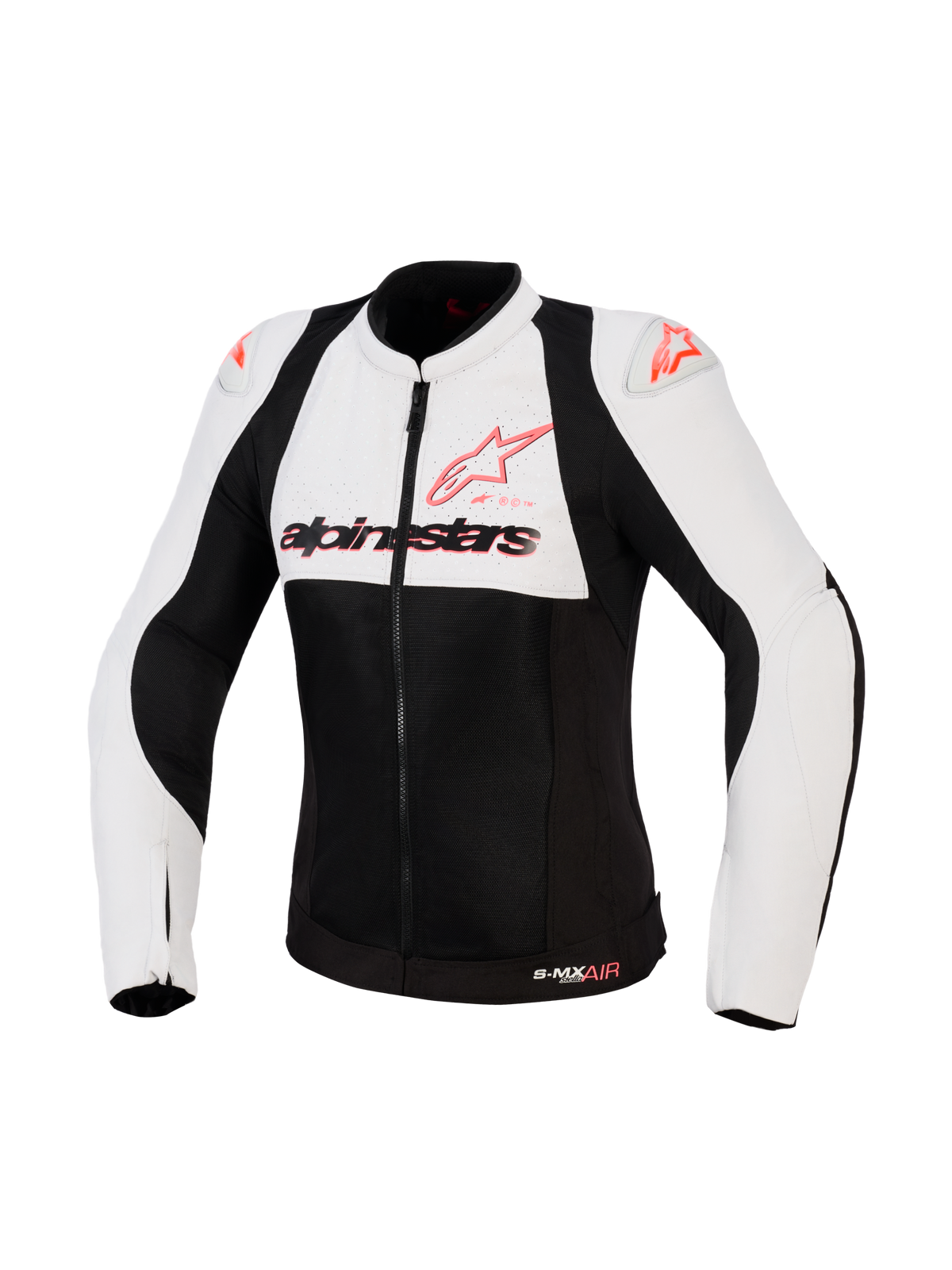 Casaco Alpinestars Stella SMX Air, casaco de motociclismo feminino, cinza gelo, preto e coral fluo, vista frontal com painéis de malha e têxtil perfurado, logótipo Alpinestars coral no peito e nos deslizadores de ombro