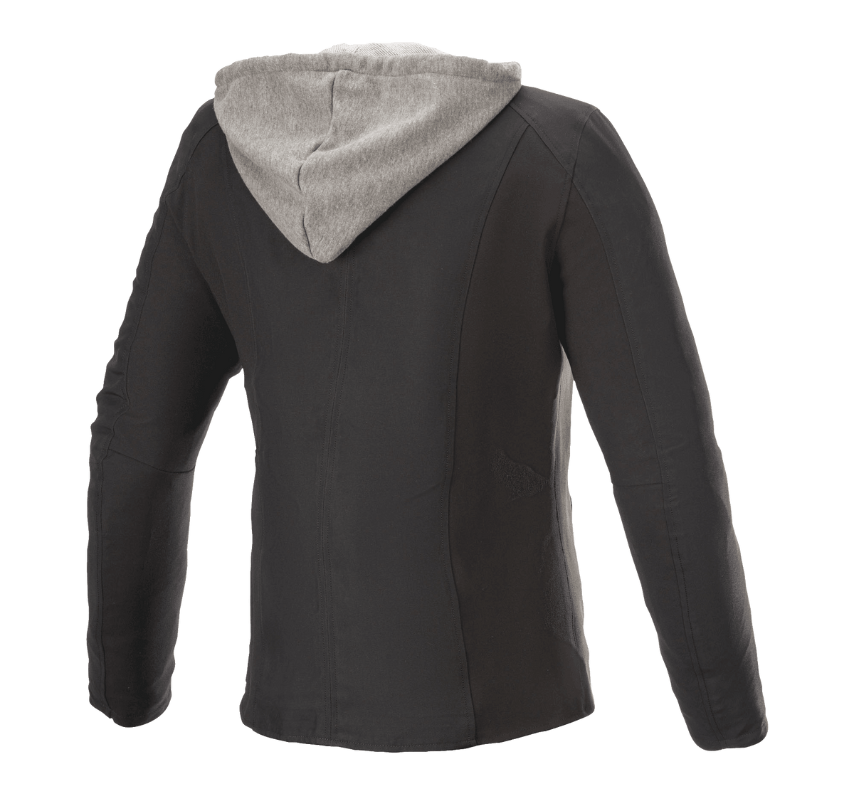 Alpinestars Bond Women's Jacket, jaqueta de pilotagem urbana, preta com capuz de lã cinzento, vista traseira, corte desportivo com acabamento em tecido encerado