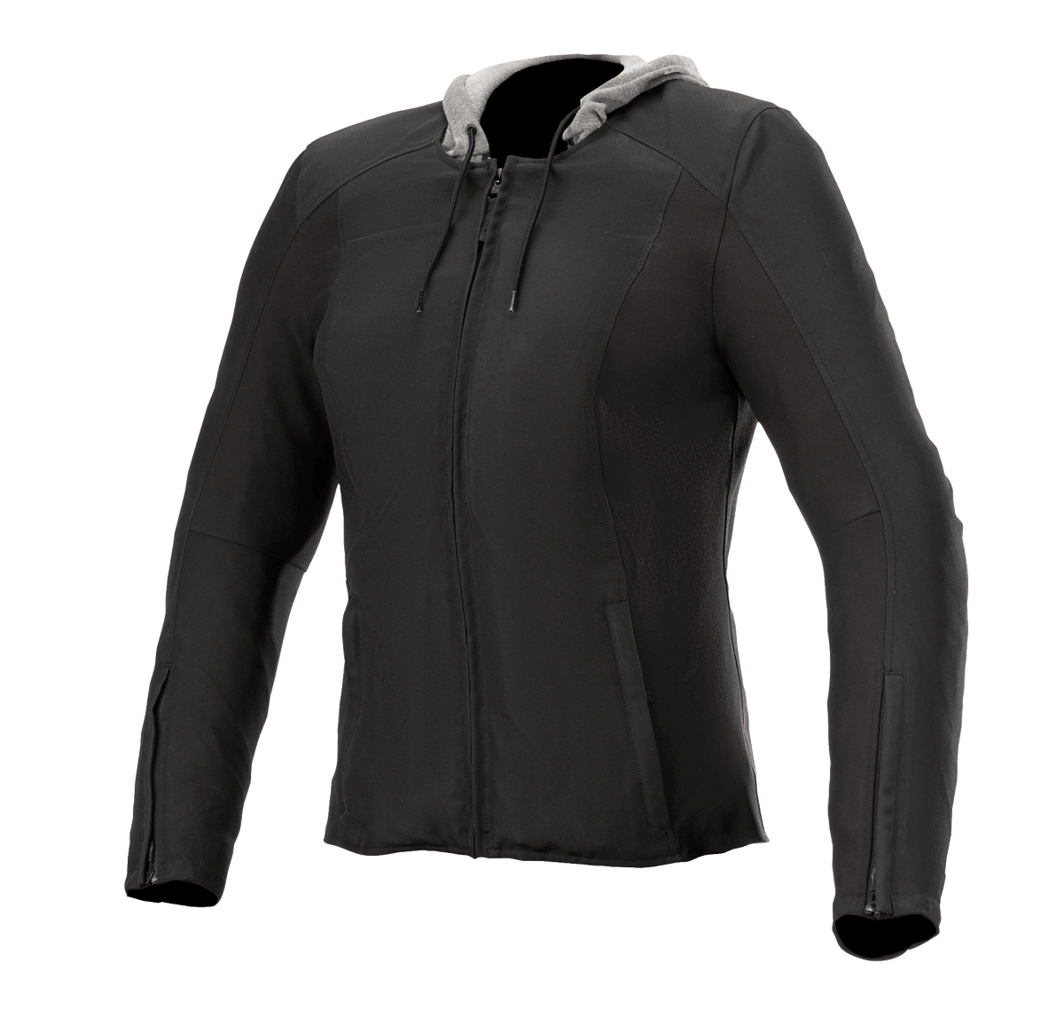 Casaco Alpinestars Bond para Mulher, preto com capuz cinzento, casaco de motociclismo urbano para mulher, fecho frontal, mangas compridas com fechos nos punhos, corte ajustado, tecido têxtil encerado suave