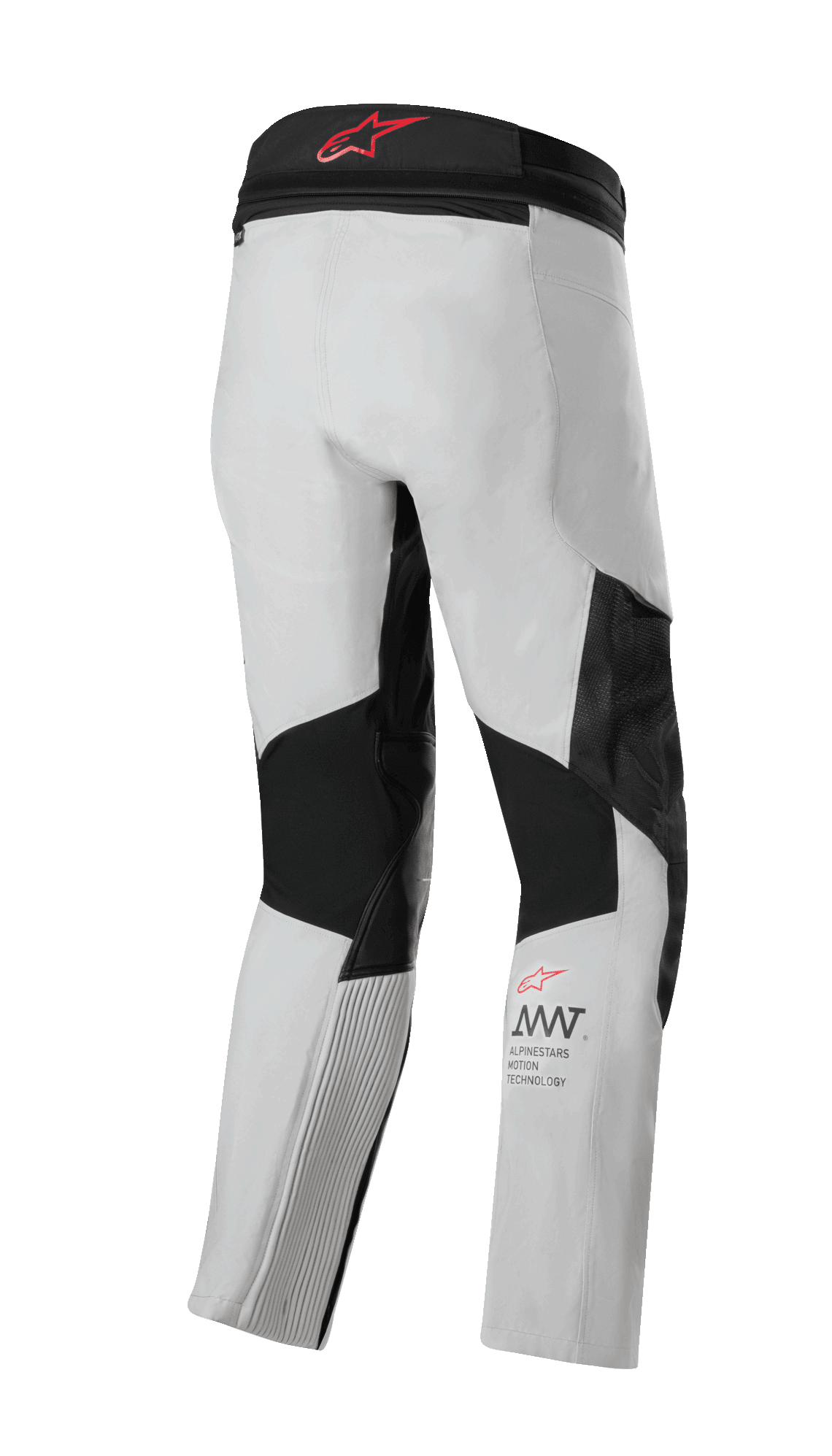 Alpinestars AMT 7 Air Pants, calças de motociclismo, bege e Dark Shadow, vista traseira com painéis elásticos pretos e inserções de ventilação, logótipo vermelho na cintura e marca AMT na parte inferior da perna, equipamento técnico de touring de aventura