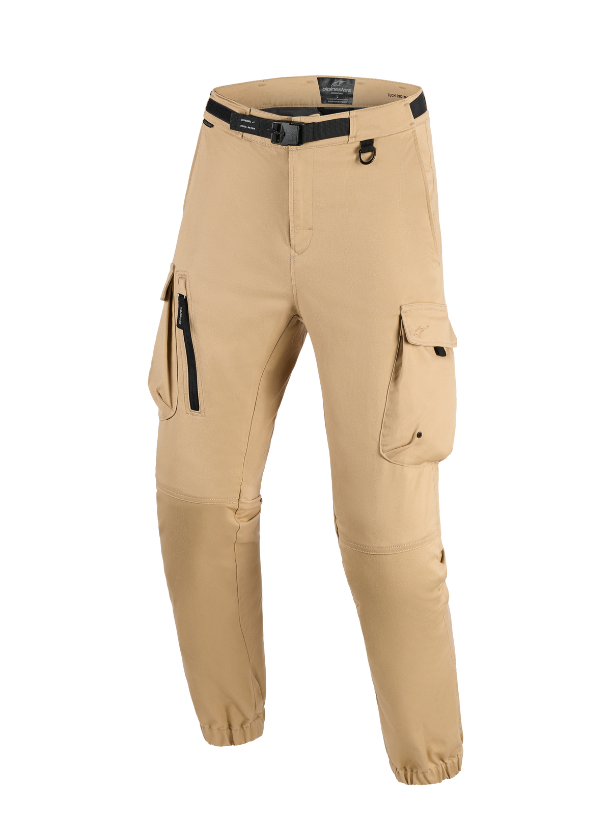 Alpinestars Flex-AST Cargo Pants - Short, bege claro, calças de motociclismo urbanas com design cargo de múltiplos bolsos, cinto preto integrado com fivela, argola em D e bainhas elásticas para um ajuste afunilado