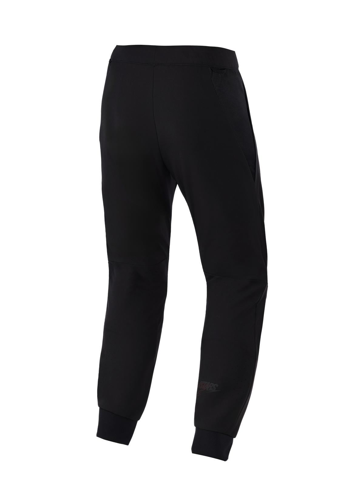 Calças Alpinestars Aeroshell Airflow, calças de motociclismo, pretas, vista traseira com chassis em softshell elástico leve, painéis de malha 2D integrados para respirabilidade, zonas da panturrilha perfuradas a laser e um logótipo Astars subtil na parte inferior da perna.