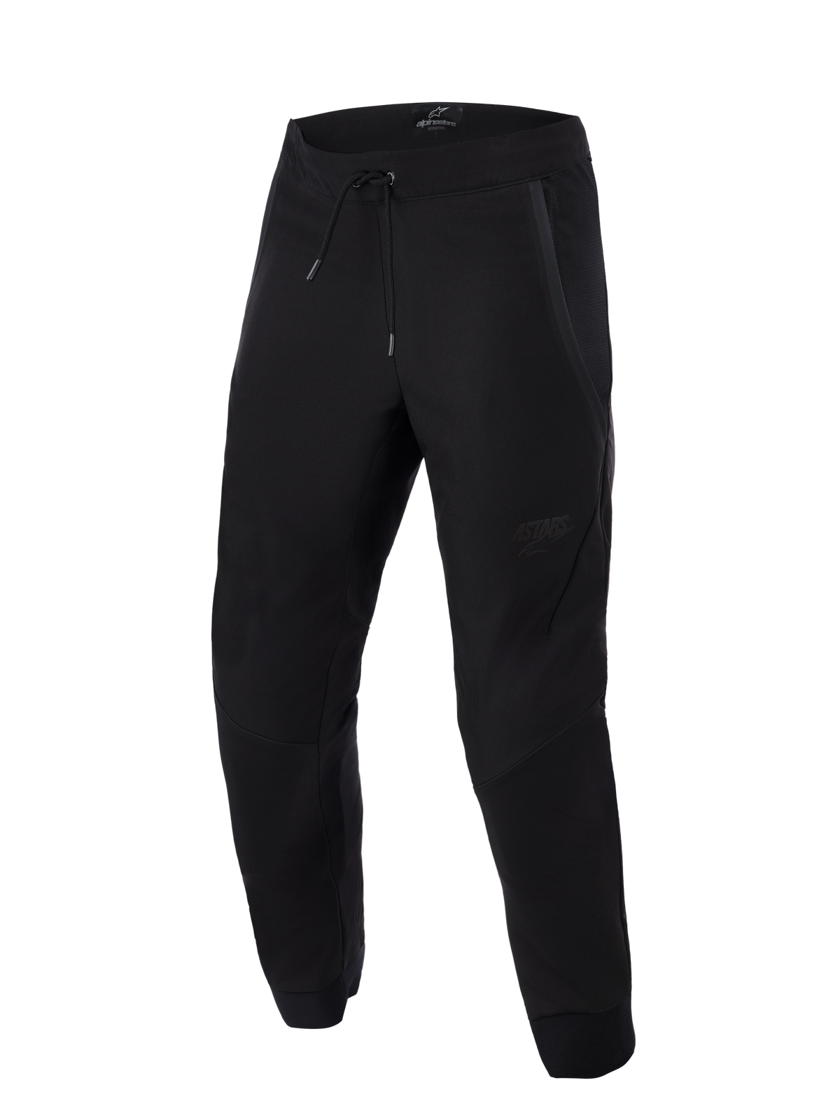 Calças Alpinestars Aeroshell Airflow, pretas, calças de motociclismo leves para desporto e turismo, com painéis de malha extensos para ventilação, cintura elástica com cordão, pernas pré-curvadas e logótipo tonal subtil na coxa.