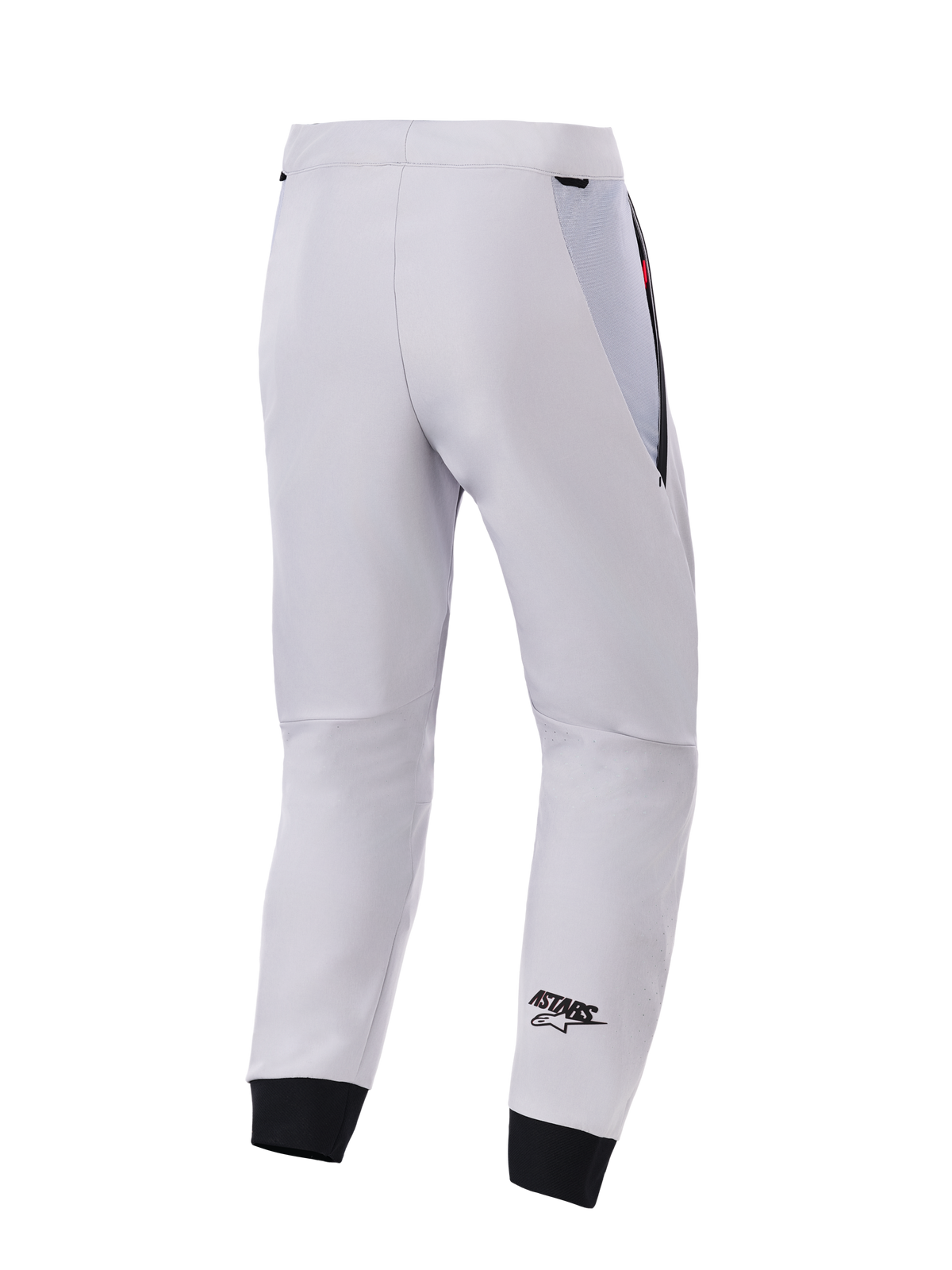 Alpinestars Aeroshell Airflow Pants, vista traseira, cinzento médio, calças técnicas de motociclismo em softshell, com painéis de malha pretos na anca e punhos elásticos, logótipo ASTARS preto na parte inferior da perna, design desportivo leve e ventilado
