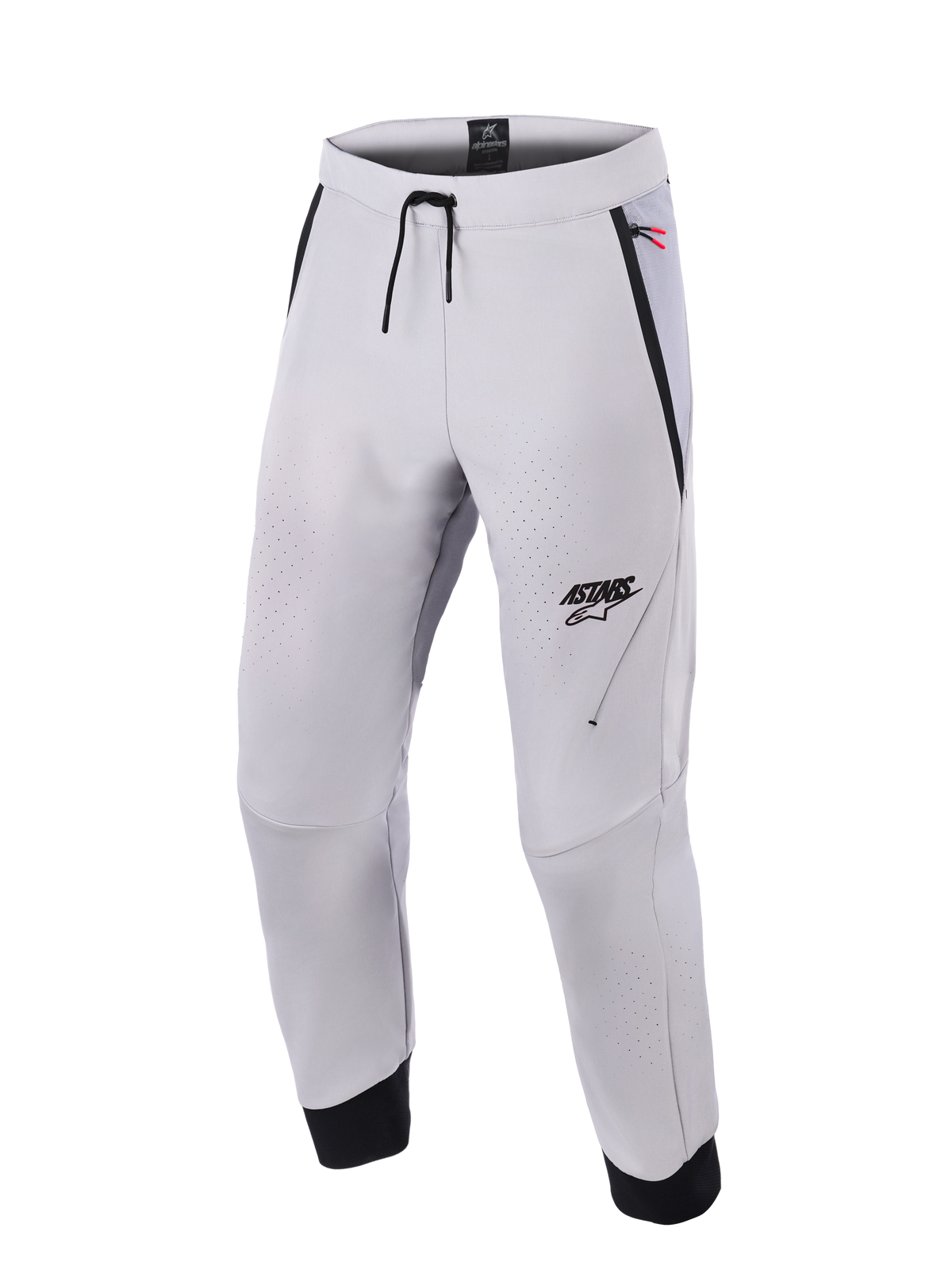 Alpinestars Aeroshell Airflow Pants, calças de motociclismo em cinzento médio, com zonas de ventilação perfuradas a laser, logótipo ASTARS na coxa esquerda, cintura com cordão de ajuste e punhos pretos nos tornozelos, design em softshell técnico para condução desportiva e urbana