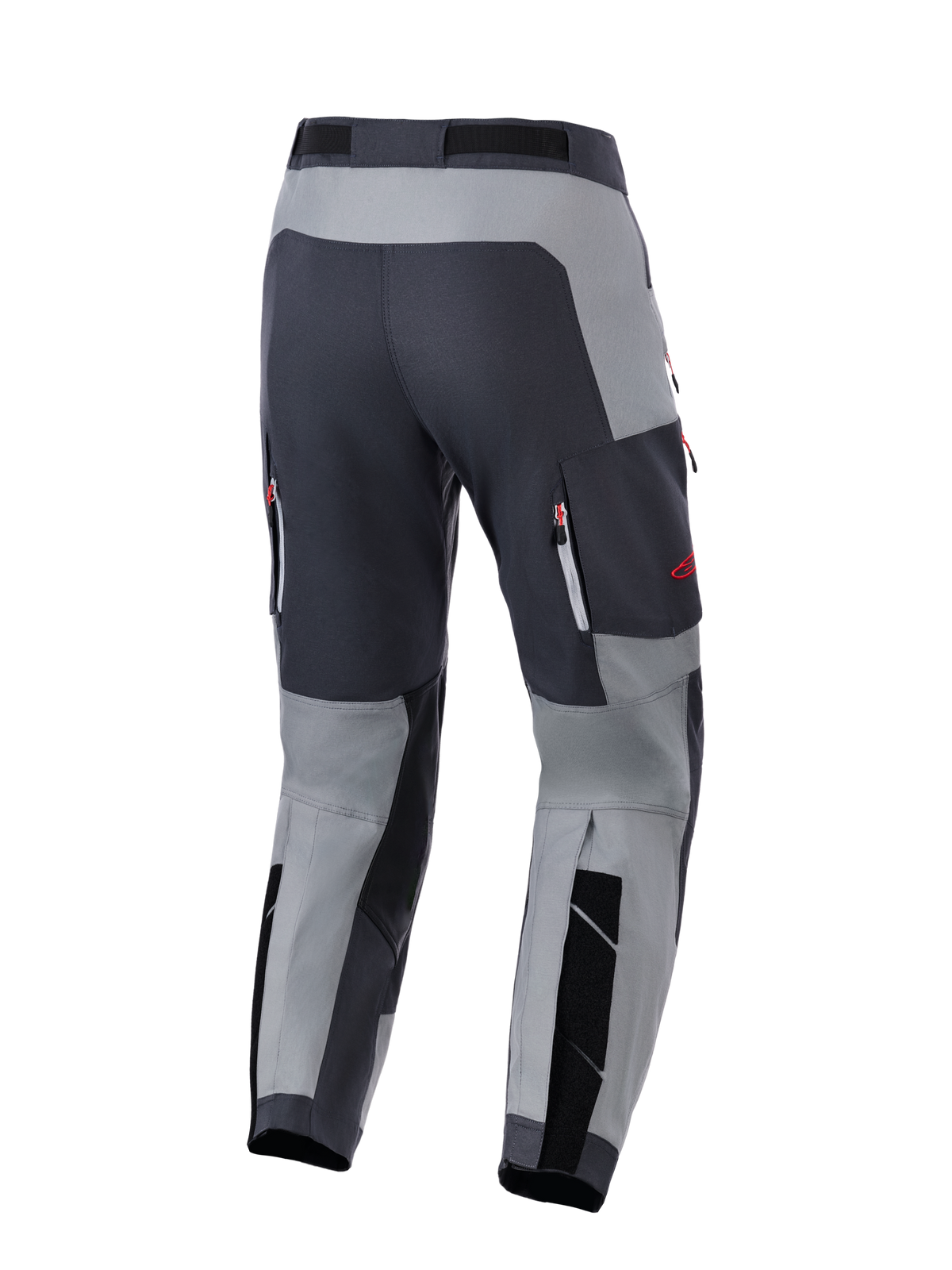 Calças Alpinestars Maxdura Dual, calças de motociclismo de aventura, Cinzento Escuro e Cinzento Profundo, vista traseira mostrando a zona do assento reforçada e bolsos de ventilação com fecho de correr e detalhes em vermelho, concebidas para performance dual-sport.