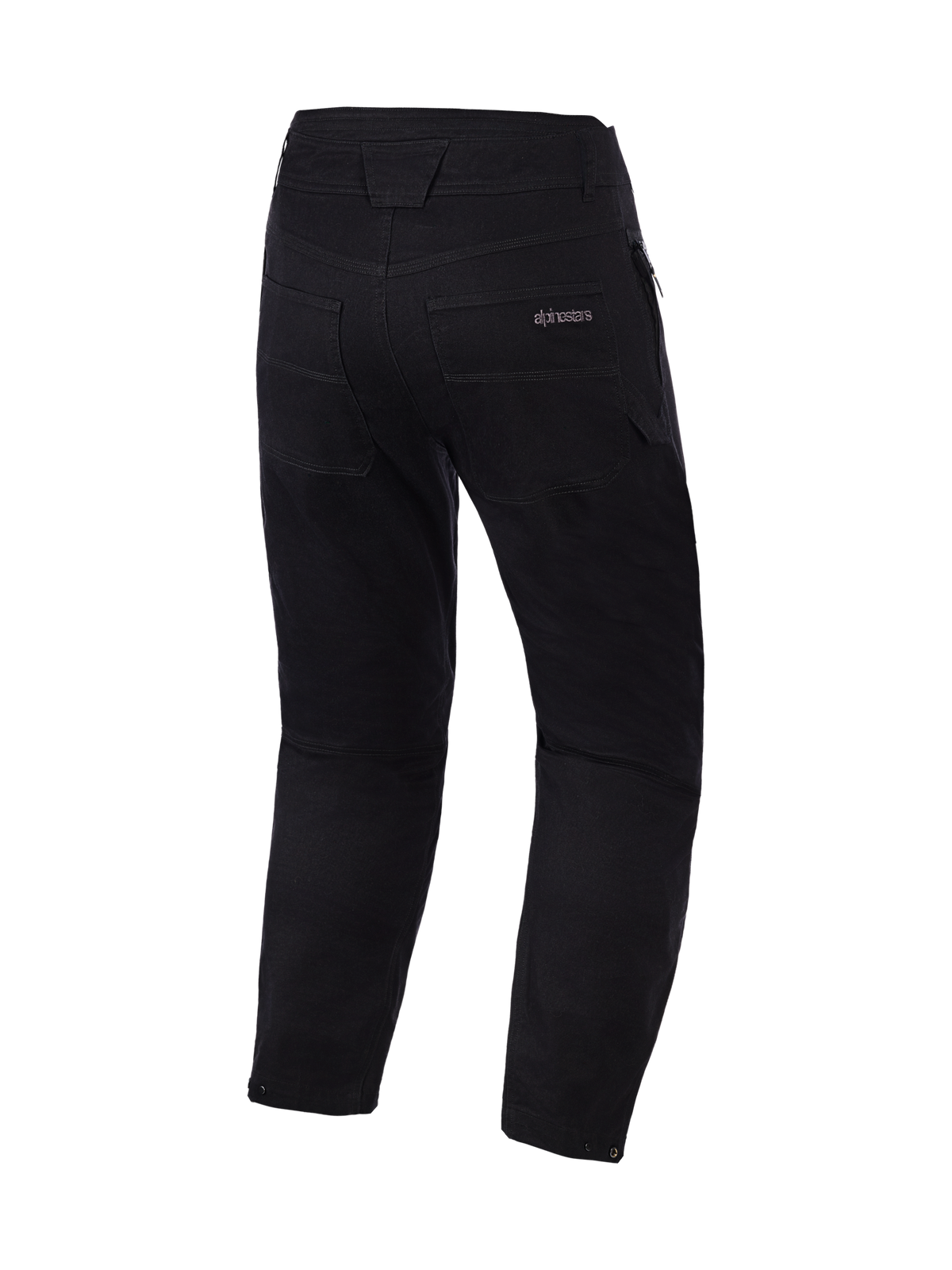 Alpinestars Flex-AST Canvas Pants Short, calças de motociclismo pretas, vista traseira com bolsos e detalhes na cintura, estilo urbano clean com logótipo Alpinestars subtil no bolso, tecido de sarja de policotão resistente