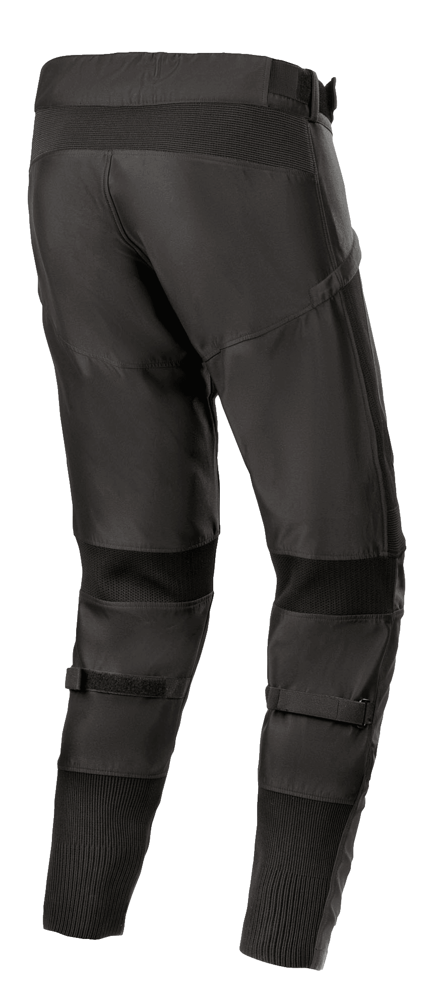 Calças Alpinestars T SP-5 Rideknit®, calças têxteis de motociclismo, pretas, vista traseira destacando o perfil traseiro elevado e o ajuste afunilado, com painéis elásticos de tecnologia tricotada atrás dos joelhos e nos tornozelos, tiras de ajuste na zona da barriga da perna, equipamento de condução de estrada de alta performance