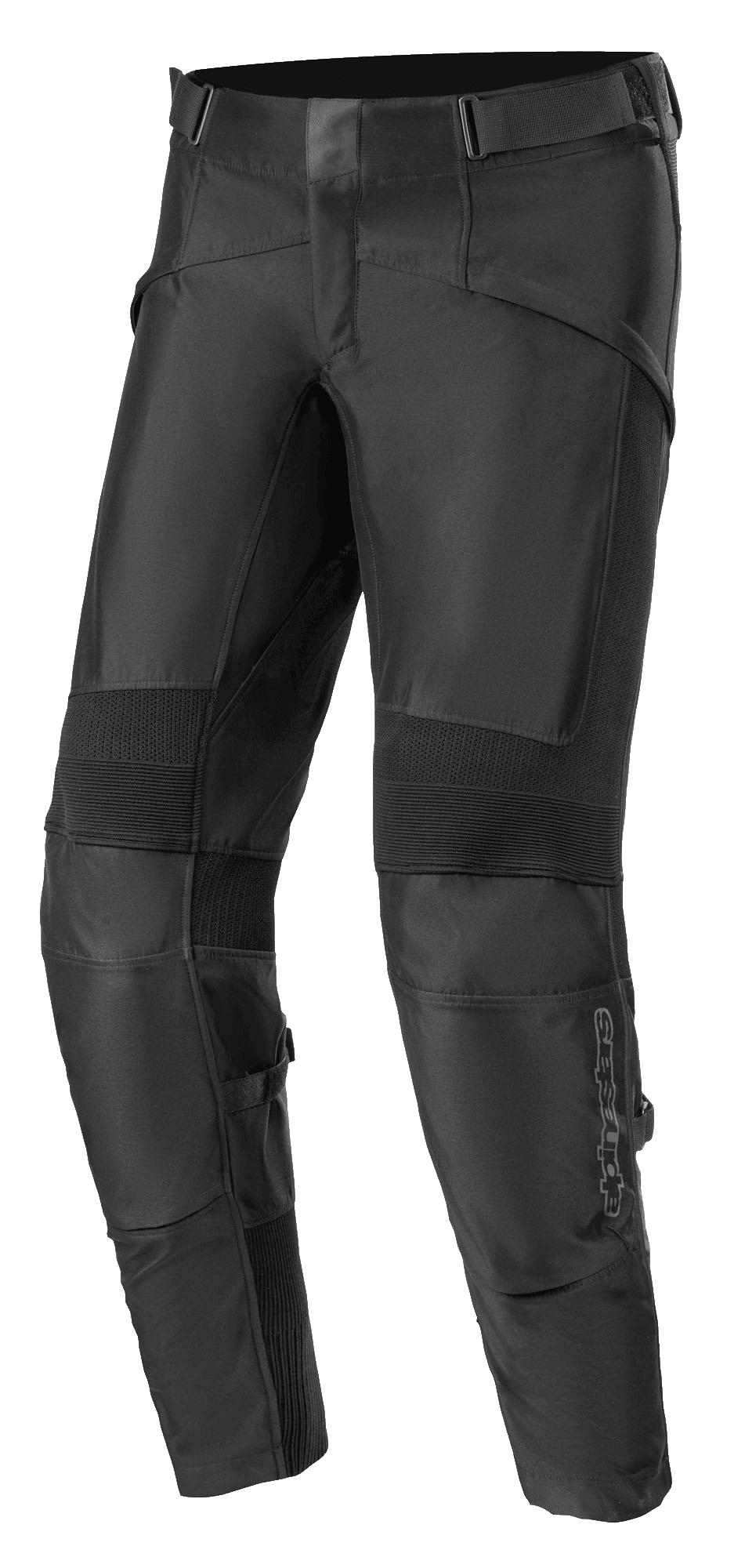 Alpinestars T SP-5 Rideknit Pants, calças de motociclismo têxteis pretas, painéis elásticos canelados nos joelhos, tiras de ajuste na cintura, secções de malha duráveis para flexibilidade e corte afunilado para desempenho desportivo