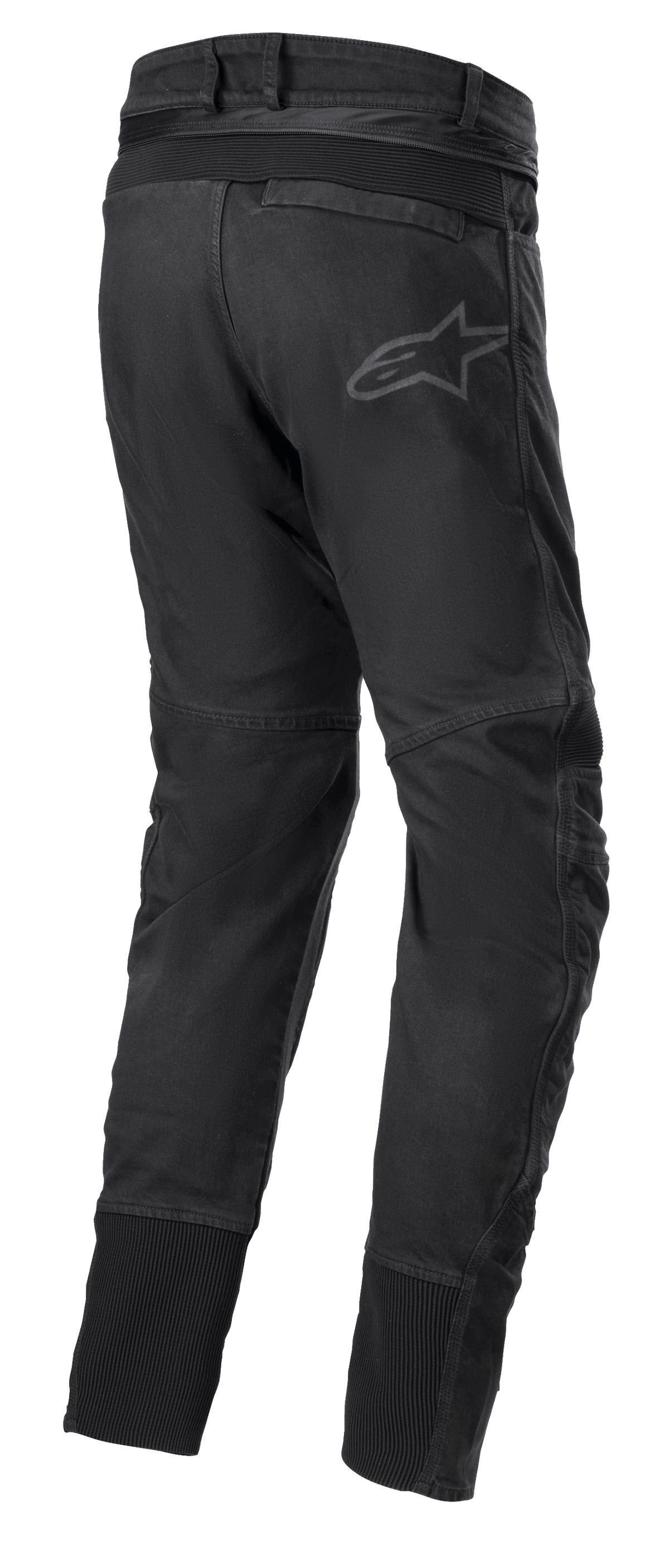 Calças Alpinestars SP Pro, calças técnicas de motociclismo desportivo em preto, vista traseira com fecho de correr de ligação na cintura, inserções elásticas RIDEKNIT na pala traseira e nas panturrilhas, logótipo subtil