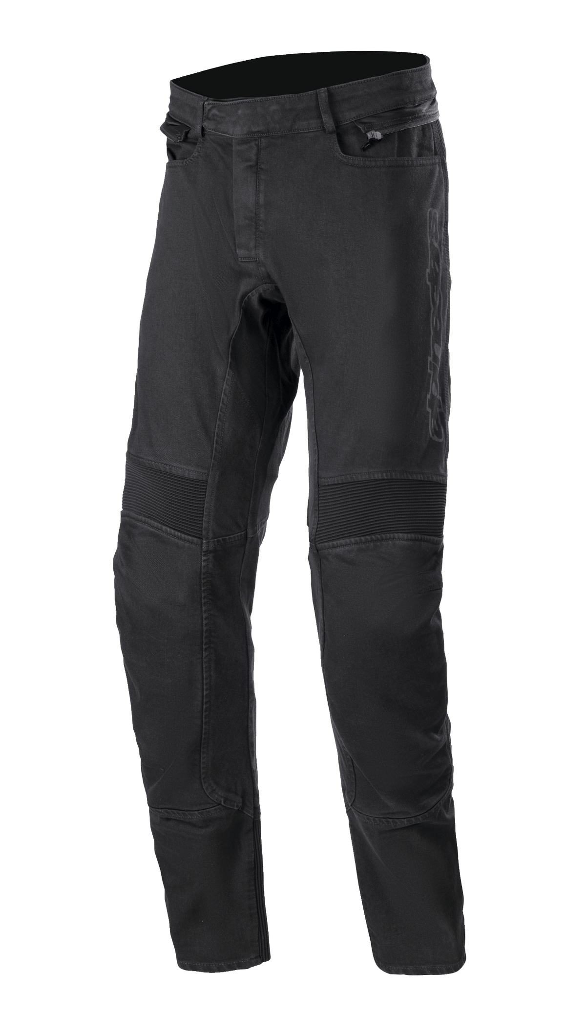 Alpinestars SP Pro Pants, calças técnicas de motociclismo, pretas, denim elástico de corte justo com painéis de flexibilidade em acordeão nos joelhos, bolsos laterais com fecho e costura tripla durável.