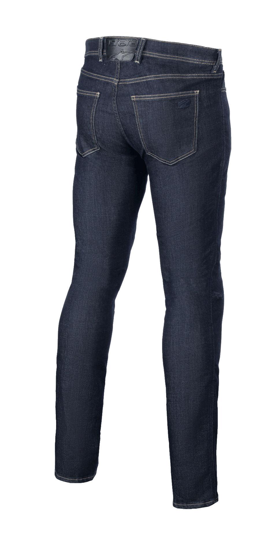 Alpinestars Cult-8 Stretch Denim Pants, Rinse Blue, rear view, featuring a five-pocket design with tonal logo embroidery on the back pocket, relaxed regular fit with straight leg, protective motorcycle riding jeans.