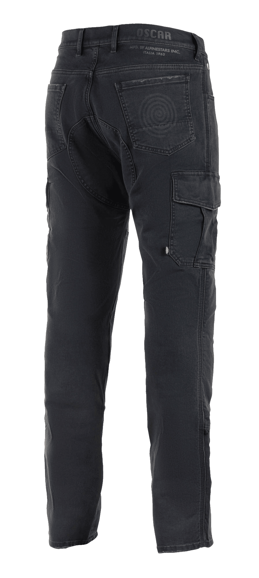 Calças Cargo Alpinestars Barton Riding, calças de motociclismo pretas, vista traseira com bolso cargo lateral, bolsos traseiros com detalhe de logótipo em espiral, marca Oscar by Alpinestars no cós, tecido tricotado casual estilo denim