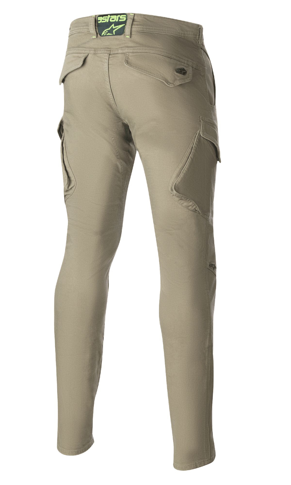 Alpinestars Caliber Slim Fit Tech Riding Pants, Verde Militar, vista traseira mostrando bolsos cargo angulares e silhueta slim afunilada, apresenta o logótipo Astars no cós traseiro, calças de motociclismo duráveis em estilo de combate urbano