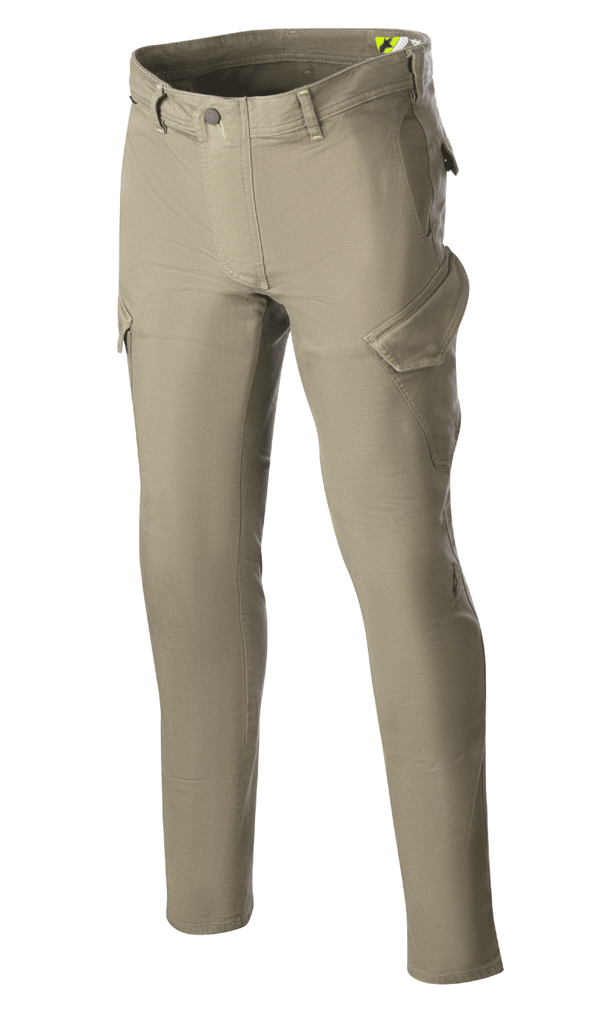 Alpinestars Caliber Slim Fit Tech Riding Pants, calças de motociclismo em verde militar, silhueta slim-fit com bolsos cargo de estilo combate, tecido denim Cordura® stretch, passantes para cinto e design funcional para condução urbana e em estrada.