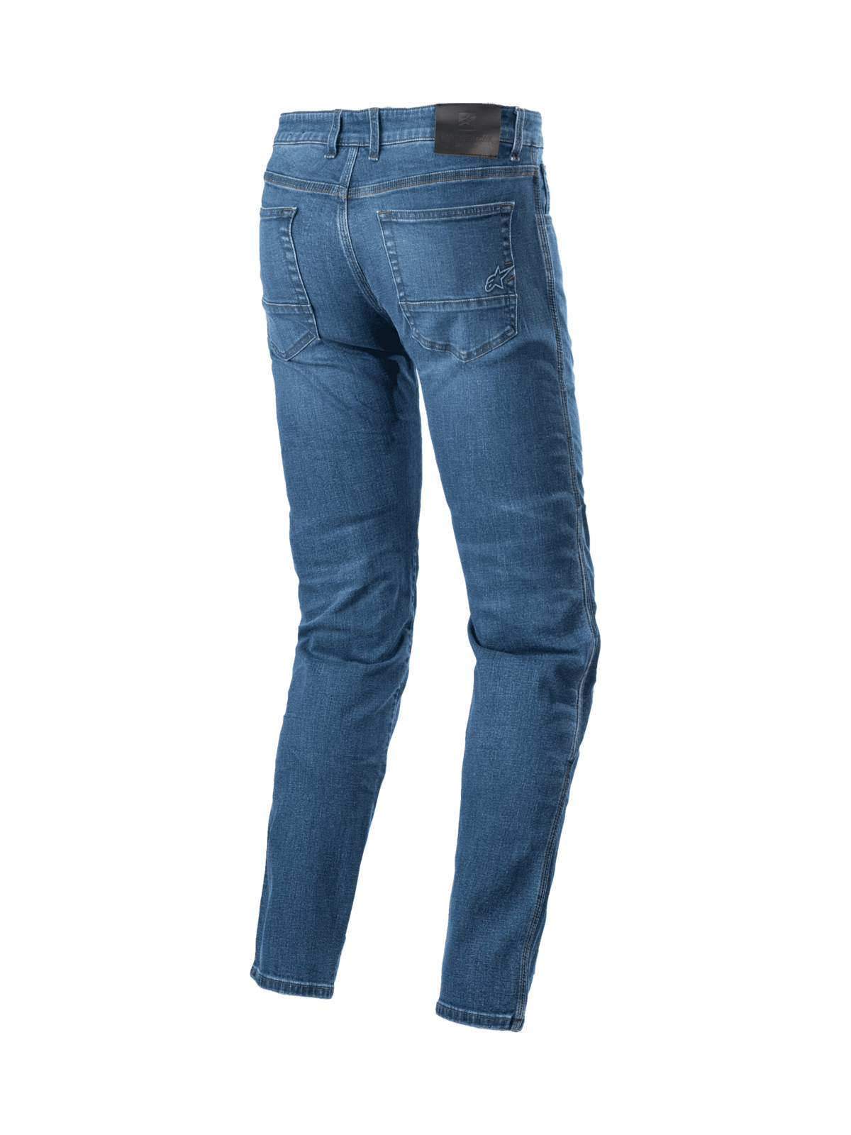 Alpinestars Radon Standard, calças de ganga para moto para homem, azul, vista traseira com logótipo bordado nos bolsos.