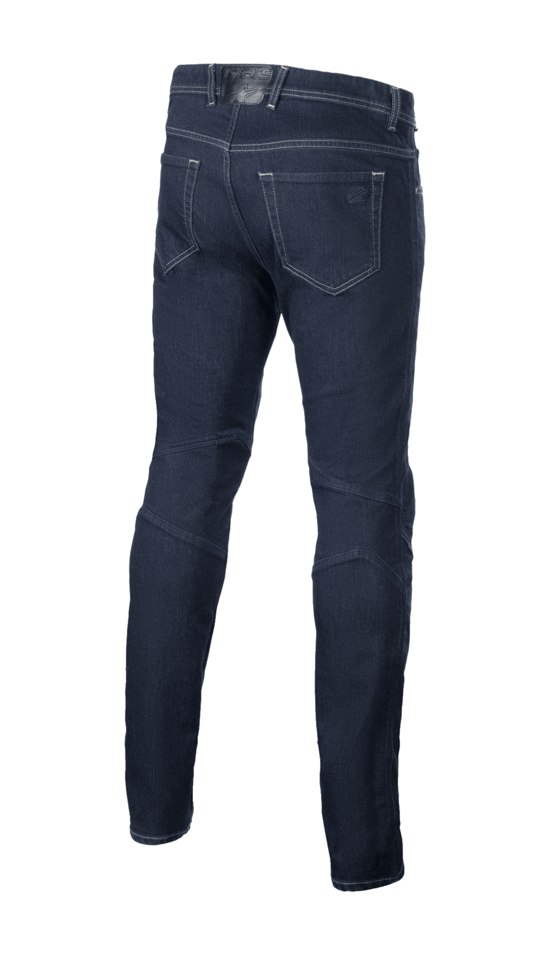 Calças de Ganga Alpinestars Radium V2, jeans de condução urbana, Rinse Blue, vista traseira apresentando design de cinco bolsos, perna afunilada e material de ganga escura com costuras contrastantes
