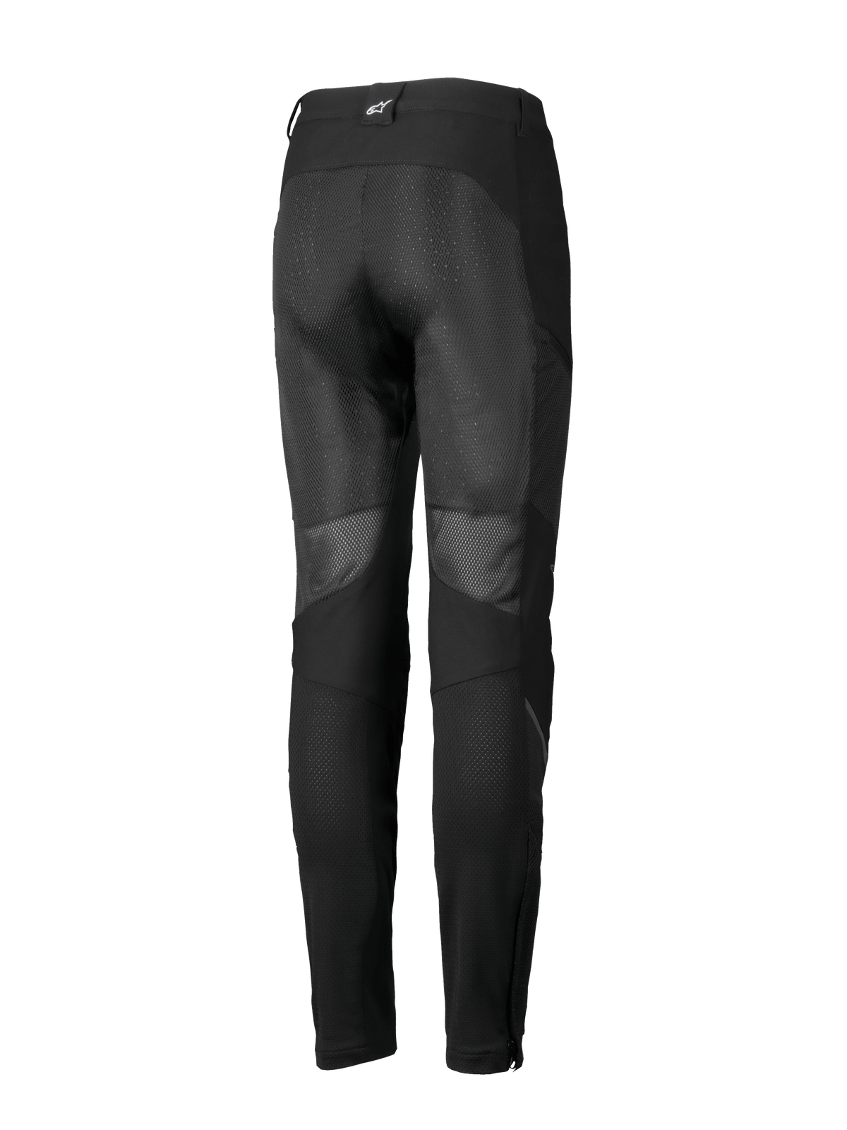 Alpinestars Stella Troop-Air Pants, calças de motociclismo femininas, pretas, vista traseira com grandes painéis de ventilação em malha na parte de trás das pernas, construção em tecido e pequeno logótipo branco no passador traseiro.