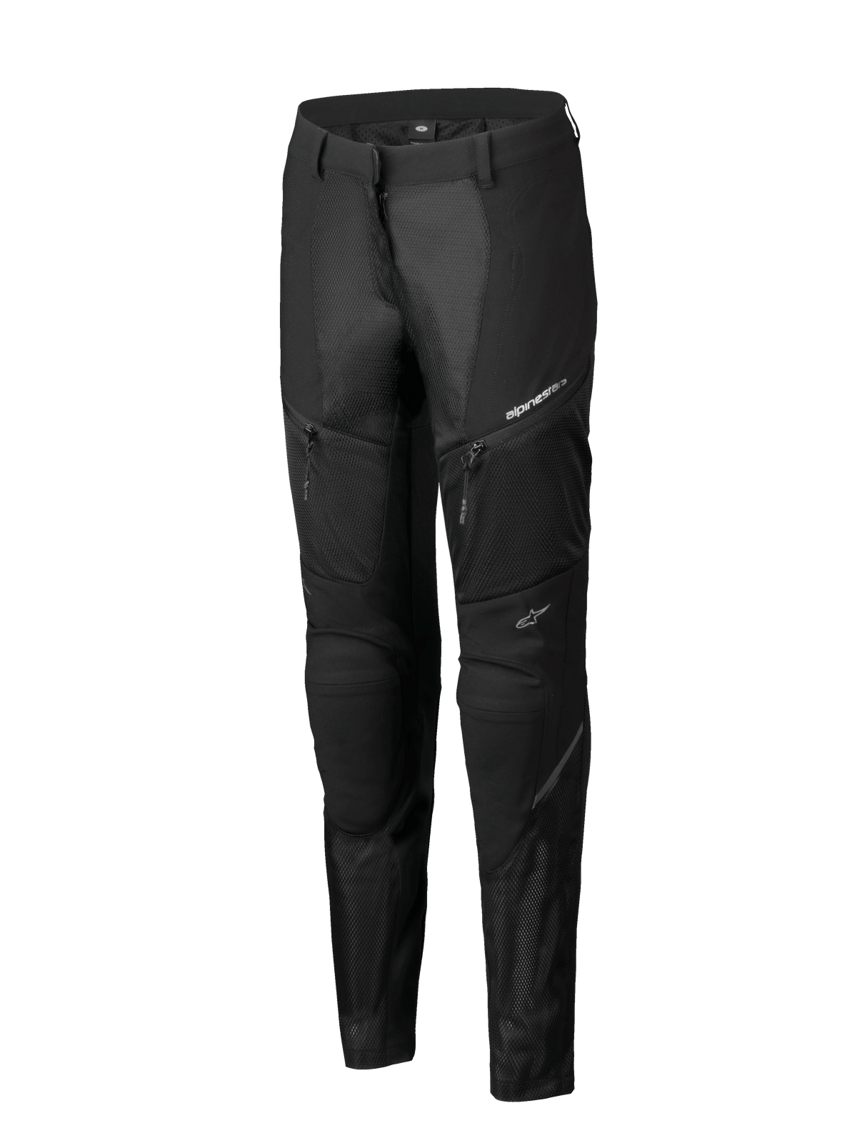Calças Alpinestars Stella Troop-Air, calças de motociclismo para mulher, pretas, com amplos painéis de ventilação em malha, bolsos com fecho de correr e design técnico de ajuste desportivo com logótipos Alpinestars brancos