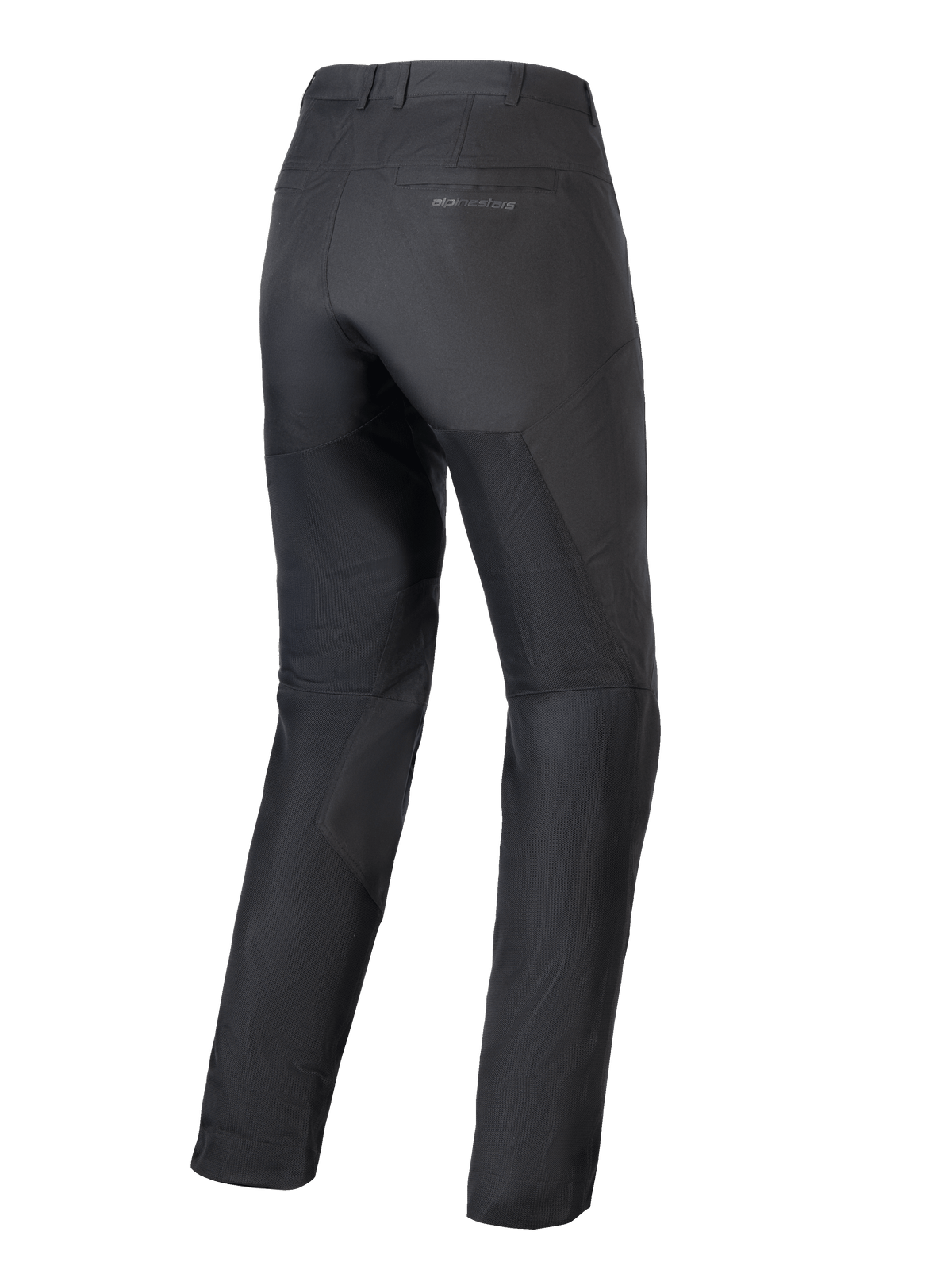 Alpinestars Woman Stella C-1 Air Pants, calças de motociclismo pretas, vista traseira, com amplos painéis de malha técnica nas pernas para fluxo de ar, design urbano elegante e logótipo discreto no bolso traseiro