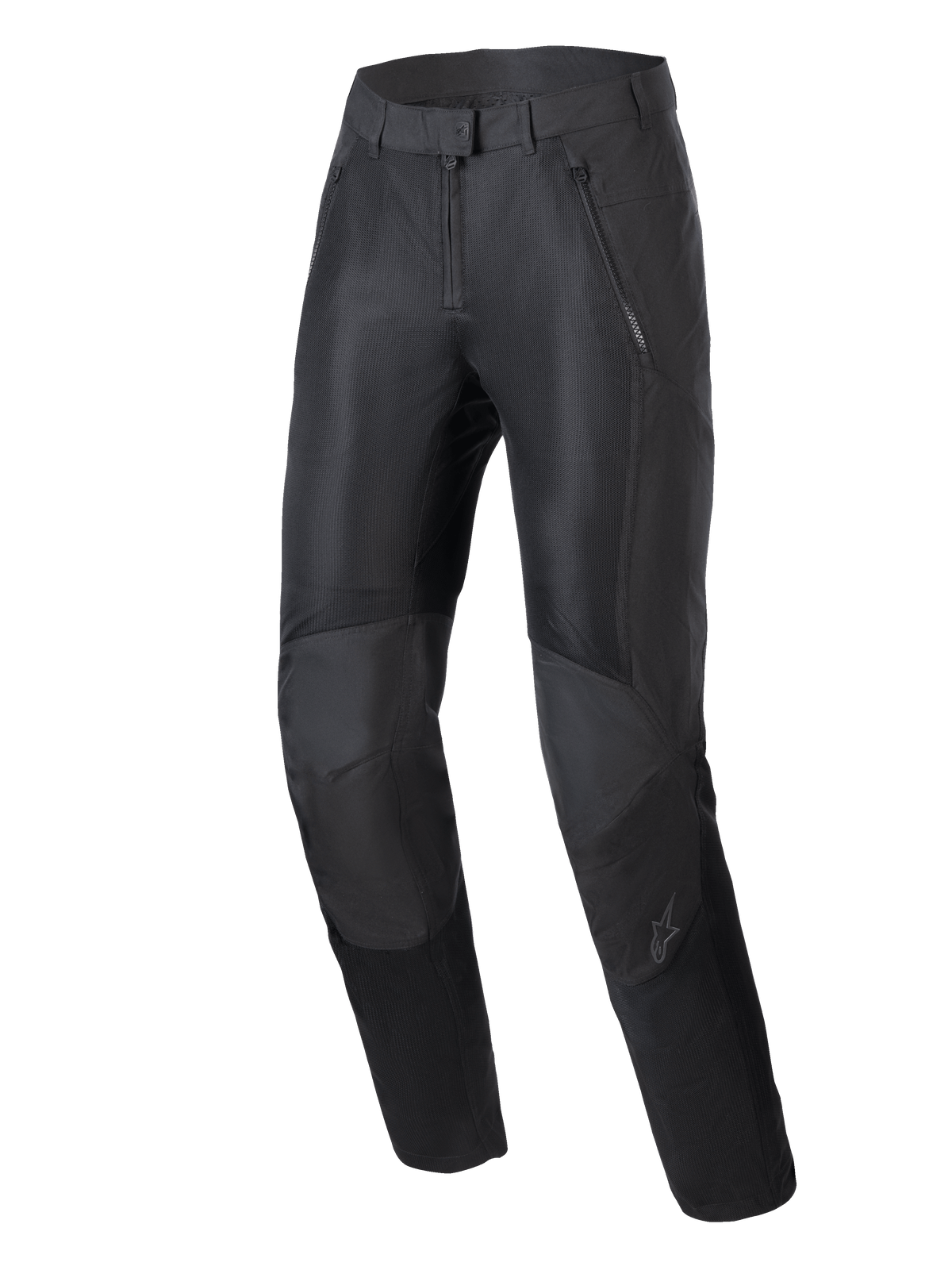 Calças Alpinestars Stella C-1 Air, calças de motociclismo urbanas para mulher, pretas, com grandes painéis de ventilação em malha na frente, construção durável em polifabric e design ergonómico do joelho com proteção integrada