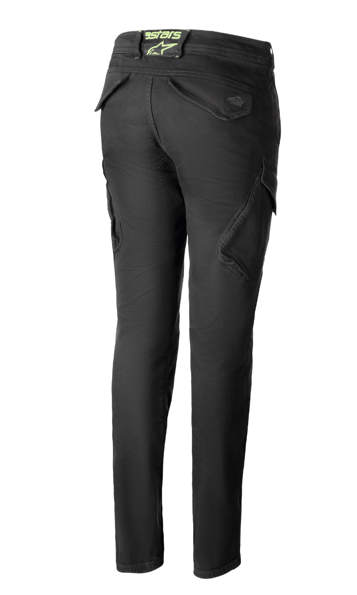 Calças de Ganga Alpinestars Caliber Tech Riding para Mulher em Antracite, vista traseira, calças estilo combate de ajuste slim com bolsos cargo funcionais e logótipo astars verde lima na cintura traseira.
