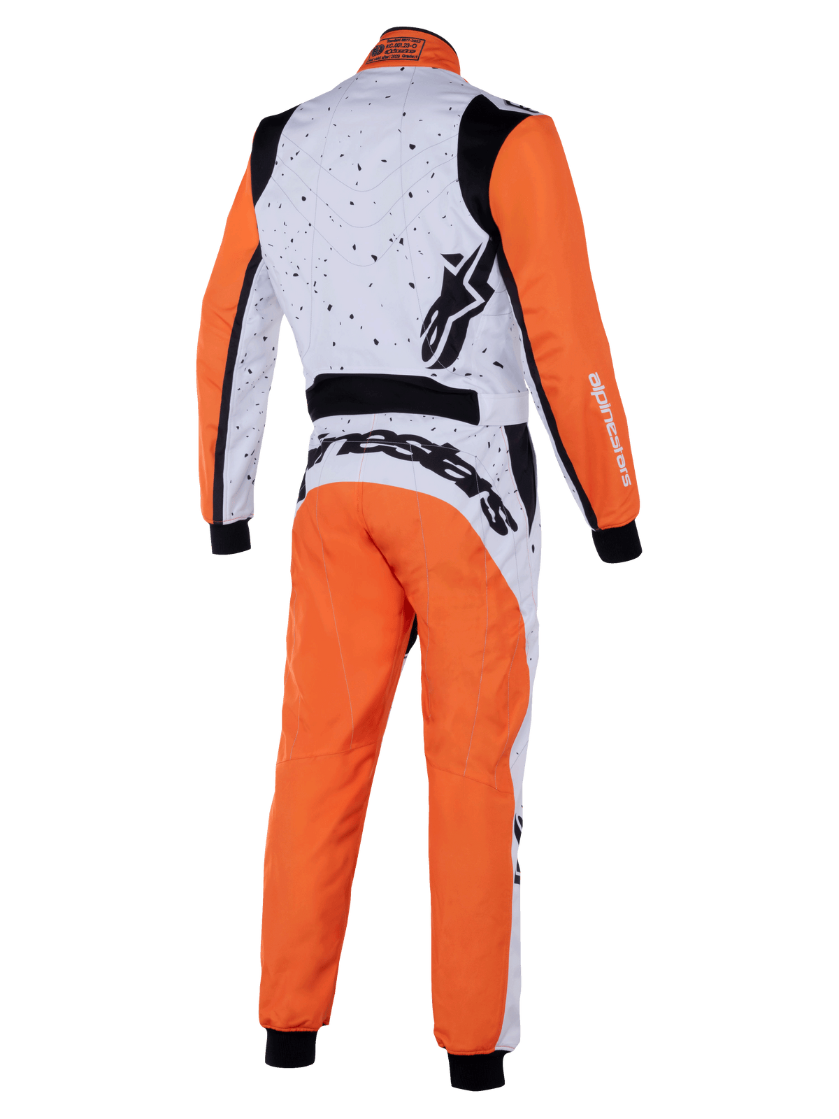 Macacão Alpinestars KMX-9 V3 Graphic 6, fato de karting, Branco Laranja Preto, vista traseira mostrando grafismo salpicado na secção superior branca, mangas e pernas cor de laranja, painéis elásticos pretos e branding Alpinestars em destaque.