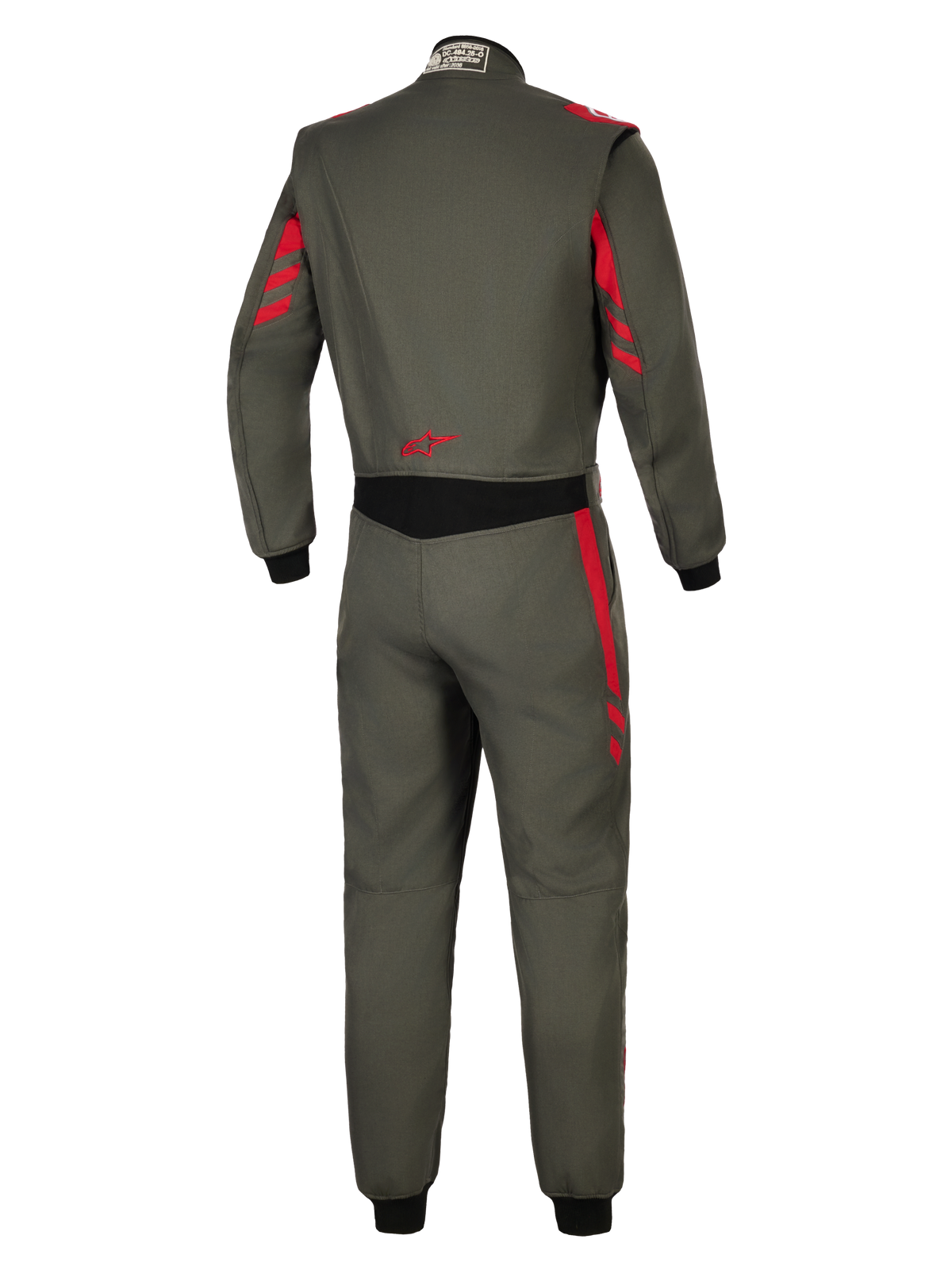 Fato Alpinestars GP Race V3 FIA, fato de automobilismo, Antracite e Vermelho, vista traseira com tecido cinzento escuro e detalhes de riscas vermelhas nos ombros e mangas, painel elástico preto na cintura, logótipo de estrela vermelha na zona lombar, proteção profissional para desportos motorizados