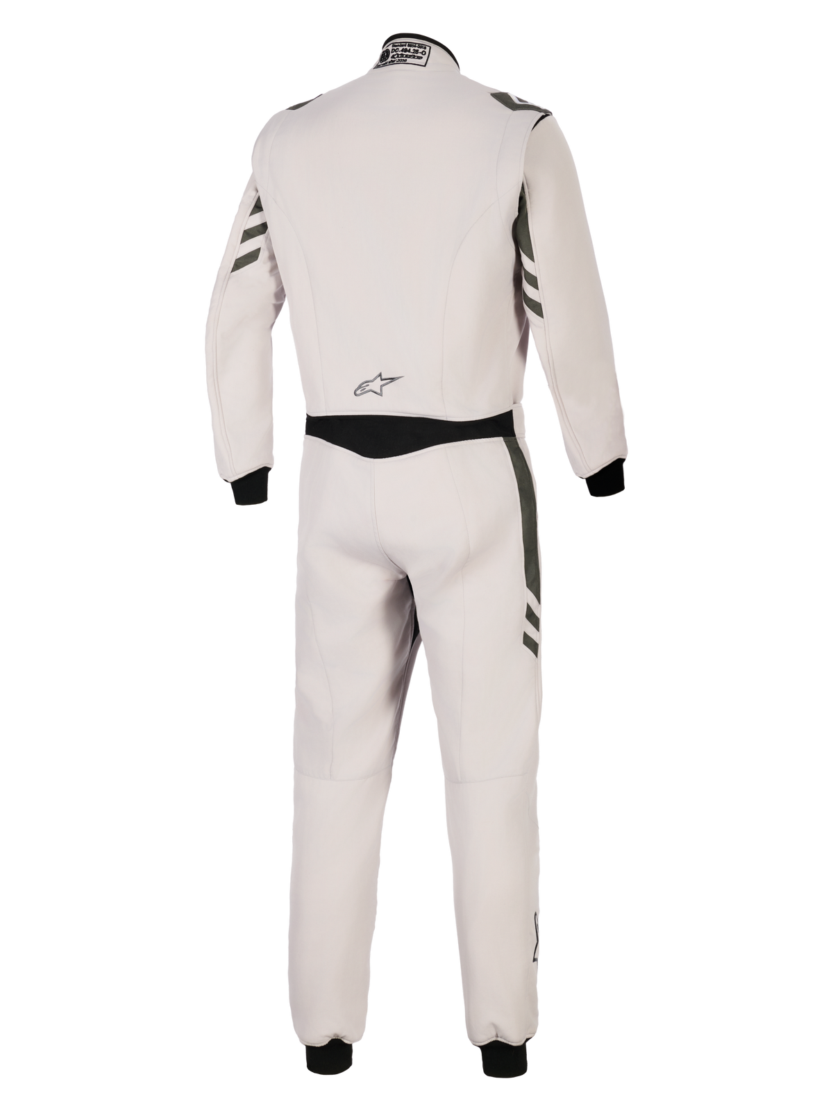 Alpinestars GP Race V3 Suit FIA, vista traseira de macacão de automobilismo de uma peça em cinzento prateado e antracite, corpo cinzento claro com detalhes em antracite escuro nas mangas e pernas, punhos canelados pretos, equipamento de proteção profissional para desportos motorizados