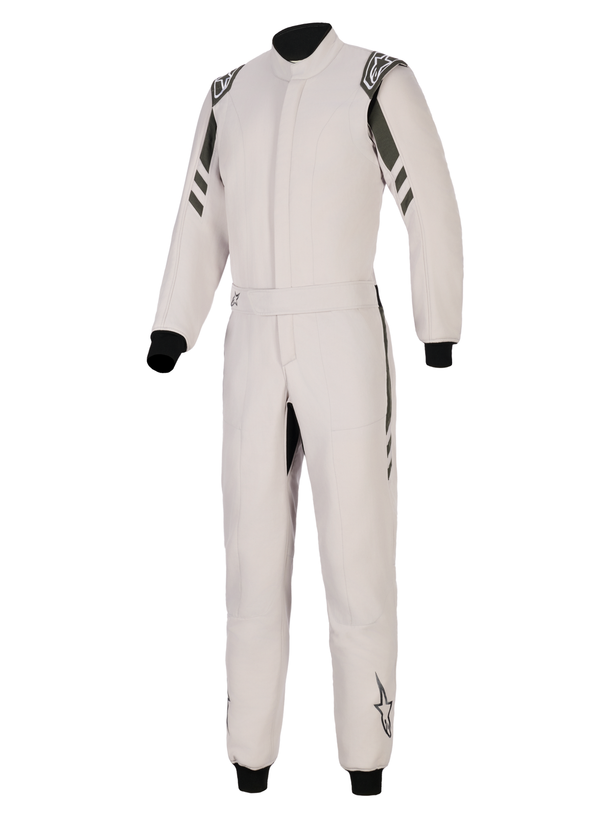 Alpinestars GP Race V3 Suit FIA, fato de automobilismo, prata antracite, design de peça única com pormenores em antracite escuro nos ombros e pernas, inclui cintura com cinto, punhos canelados pretos nos pulsos e tornozelos, e logótipos Alpinestars nas ombreiras e parte inferior das pernas