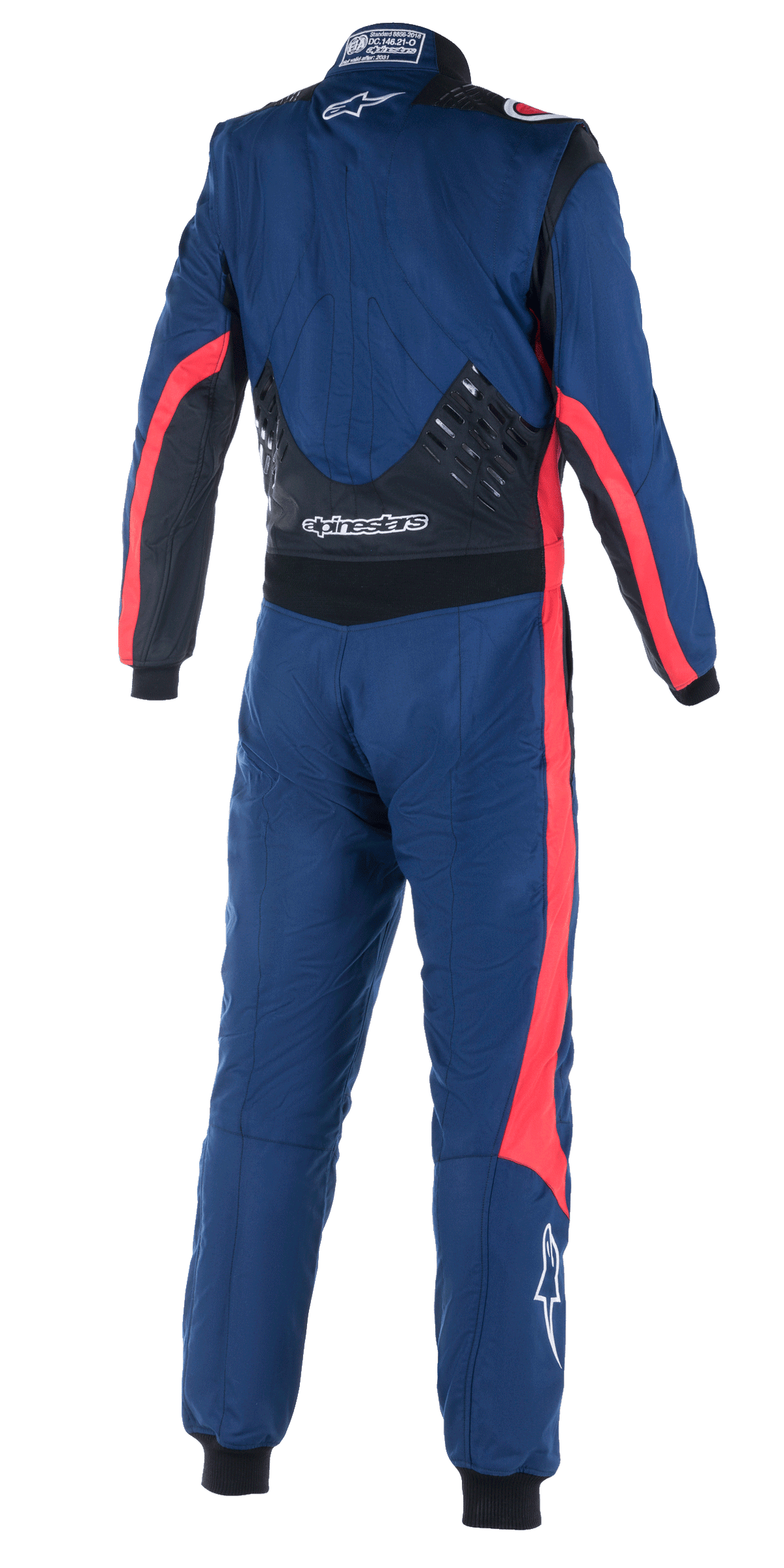 Macacão Alpinestars GP Pro Comp V2 FIA, vista traseira de macacão de automobilismo de uma só peça, azul-marinho com detalhes em preto e vermelho, painéis de aderência de silicone na parte inferior das costas, riscas de corrida vermelhas nas mangas e pernas, logótipo Alpinestars em branco, equipamento de performance profissional