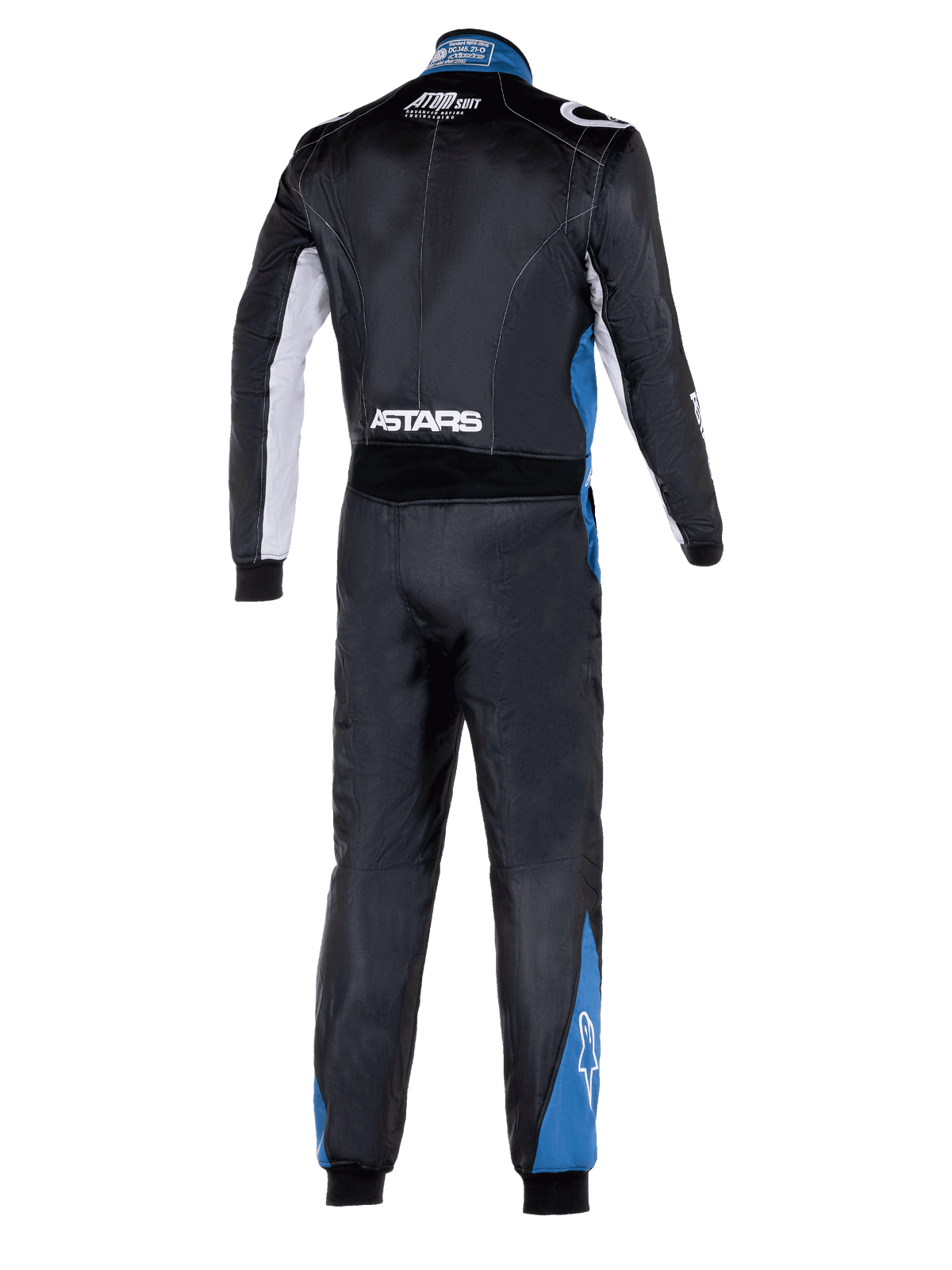Macacão Alpinestars Atom Graphic 4, vista traseira de corpo inteiro de macacão de automobilismo, preto com detalhes prateados e azuis, logótipo ASTARS branco na cintura e painéis azuis nas pernas, vestuário de proteção profissional para desportos motorizados com certificação FIA