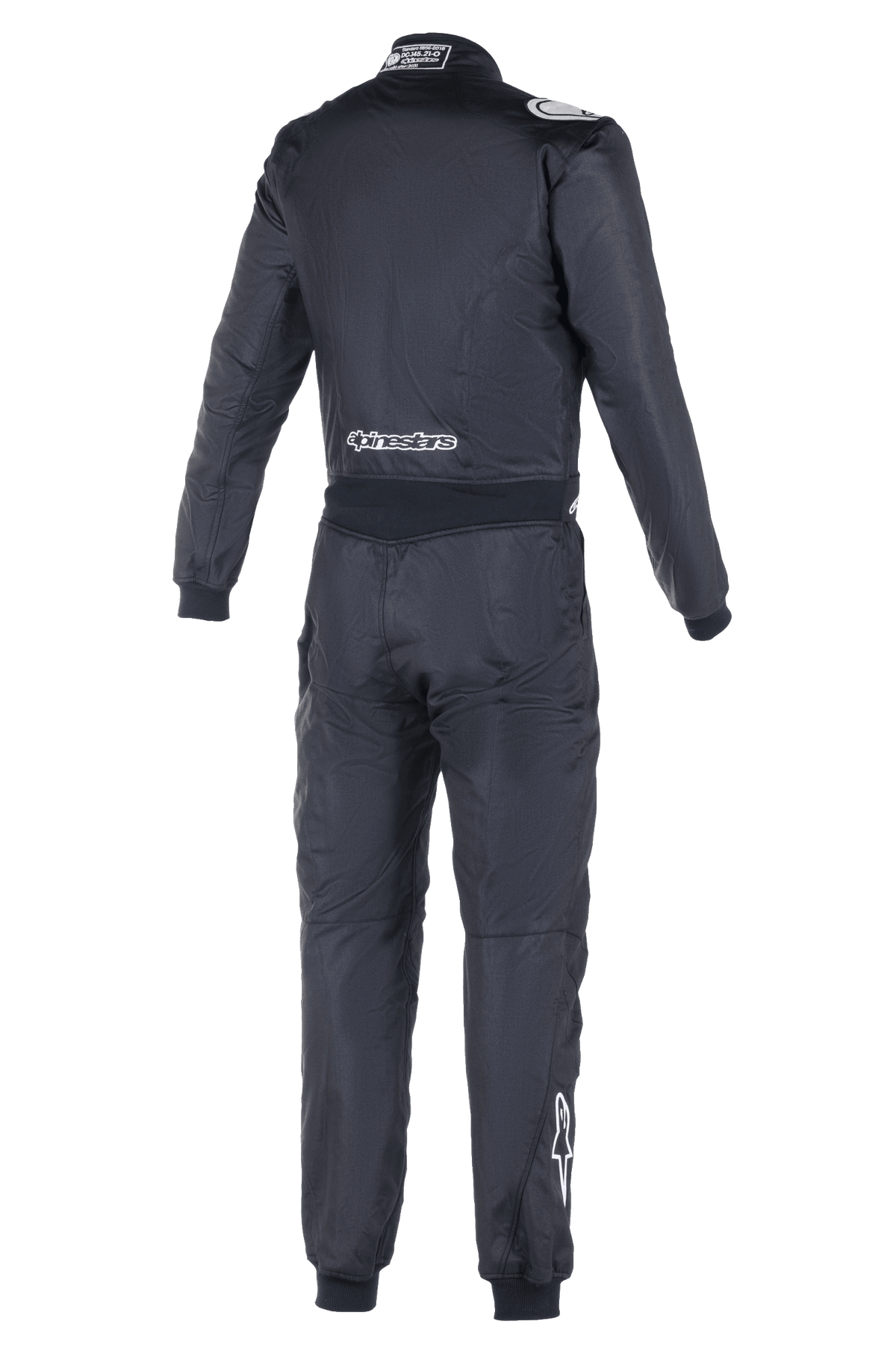 Macacão Alpinestars Atom FIA, fato de automobilismo, vista traseira em preto, com logótipo Alpinestars a branco na zona lombar e na barriga da perna direita, etiqueta de homologação FIA na gola, construção têxtil de peça única para segurança profissional em desportos motorizados