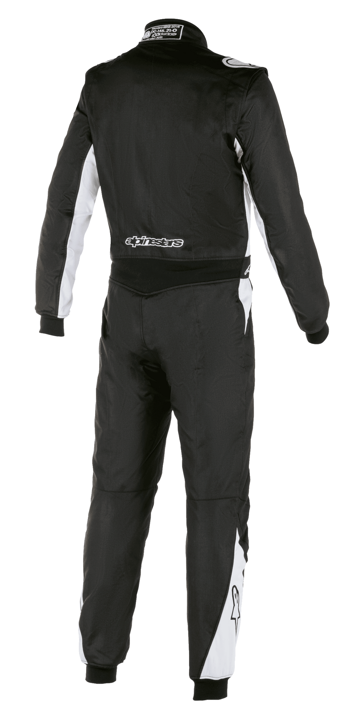 Alpinestars Atom FIA Suit, Auto Racing Suit, Black and Silver, rear view, featuring white accents on sleeves and legs, Alpinestars branding on lower back, durable aramidic construction for professional motorsport