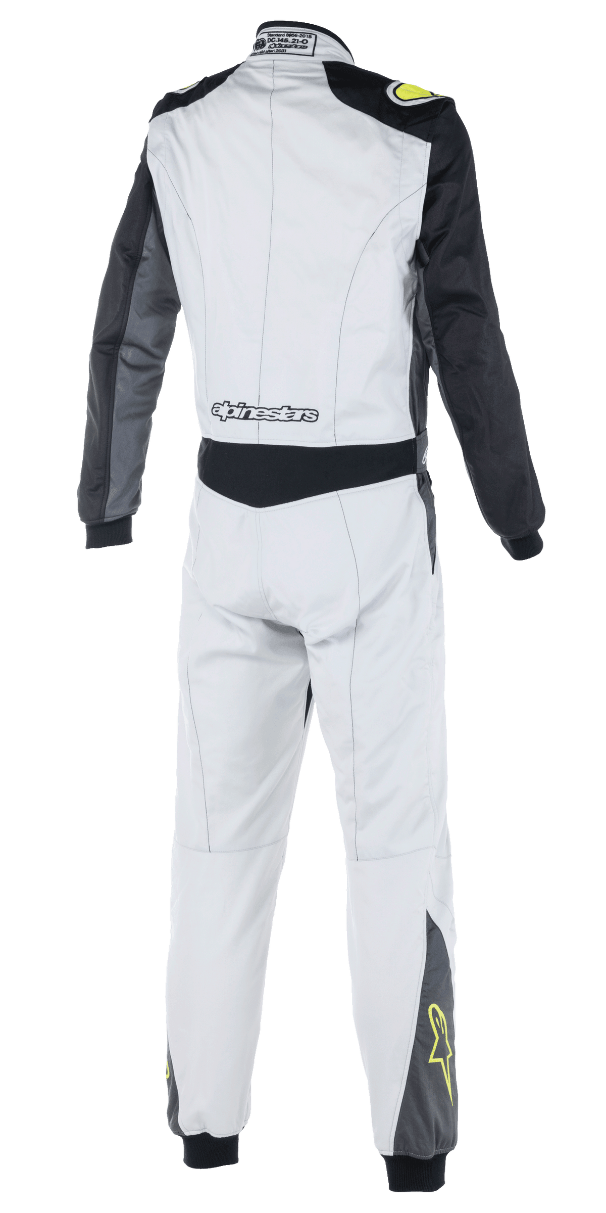 Alpinestars Atom FIA Suit, macacão de automobilismo, cinza, antracite e amarelo néon, vista traseira com mangas e painel da cintura pretos, logótipo Alpinestars na zona lombar, estrelas amarelas na parte inferior das pernas, vestuário de desporto motorizado com certificação FIA
