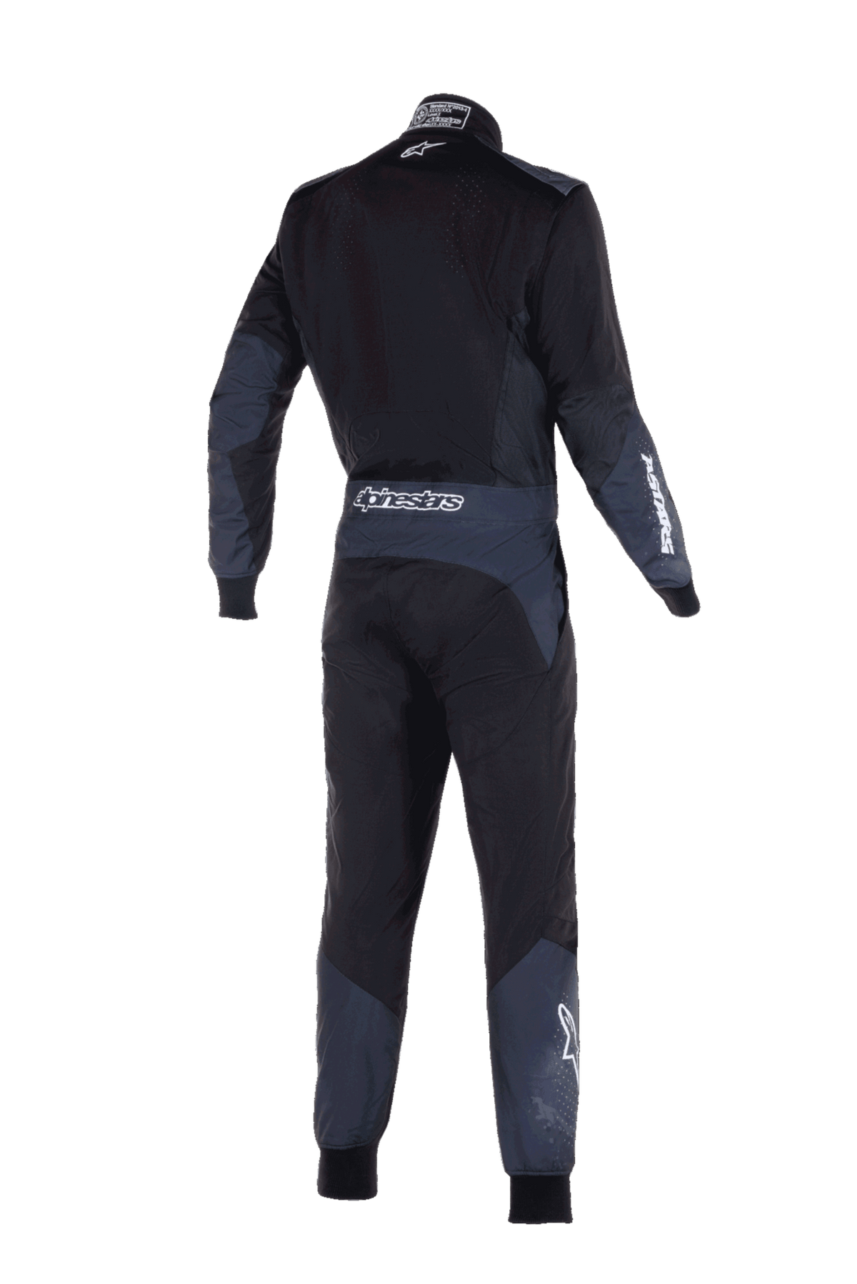 Macacão Alpinestars KMX-5 V3, fato de karting, Preto e Dark Shadow, vista traseira mostrando a marca Alpinestars em branco na cintura e na manga, painéis técnicos em cinzento escuro nos braços e pernas, design de performance elegante.