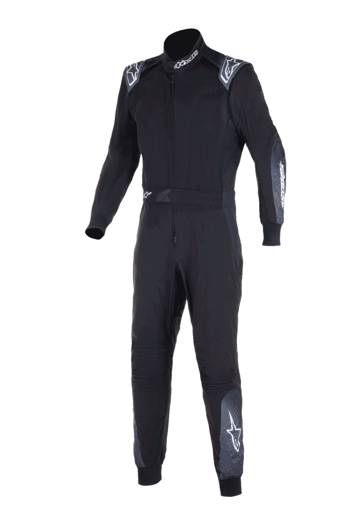 Macacão Alpinestars KMX-5 V3, fato de karting, preto e Dark Shadow, macacão de corrida de uma peça com logótipos Alpinestars brancos nos ombros, gola e pernas, construção técnica de camada dupla para karting profissional