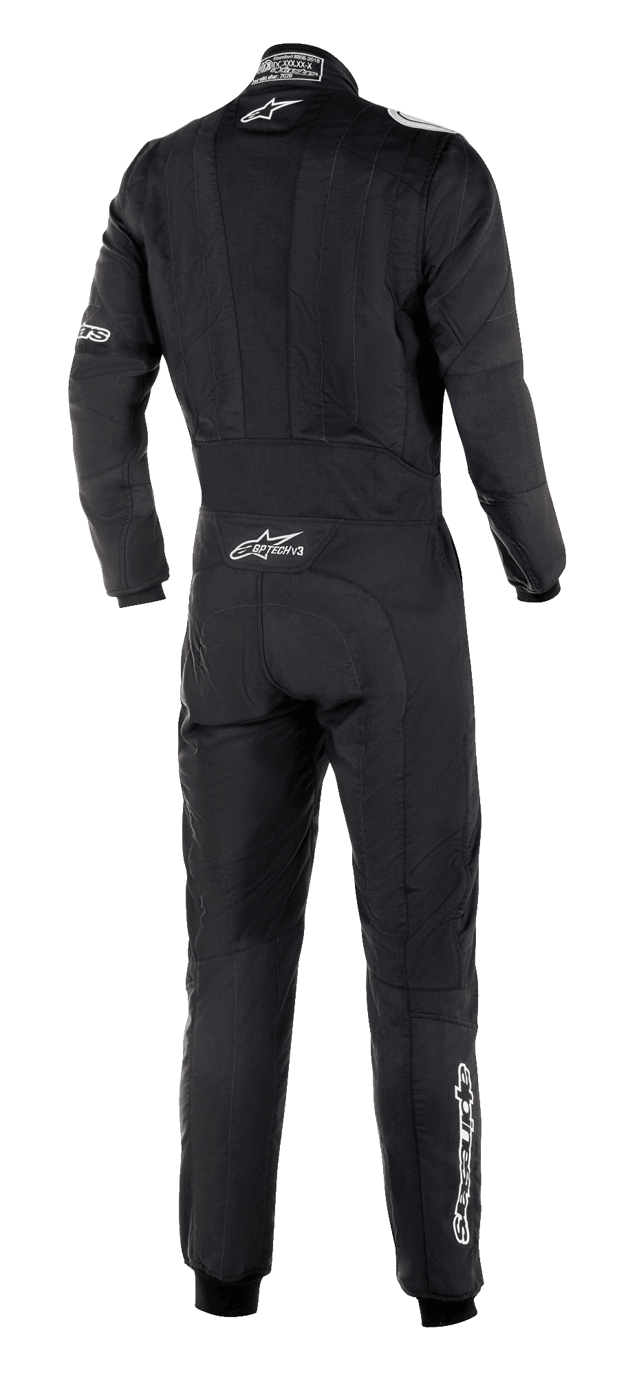 Macacão Alpinestars GP Tech V3 FIA, vista traseira de macacão de automobilismo preto, logótipo Alpinestars branco e marca GP Tech V3 na zona lombar, equipamento profissional de desportos motorizados com painéis elásticos visíveis e ajuste atlético