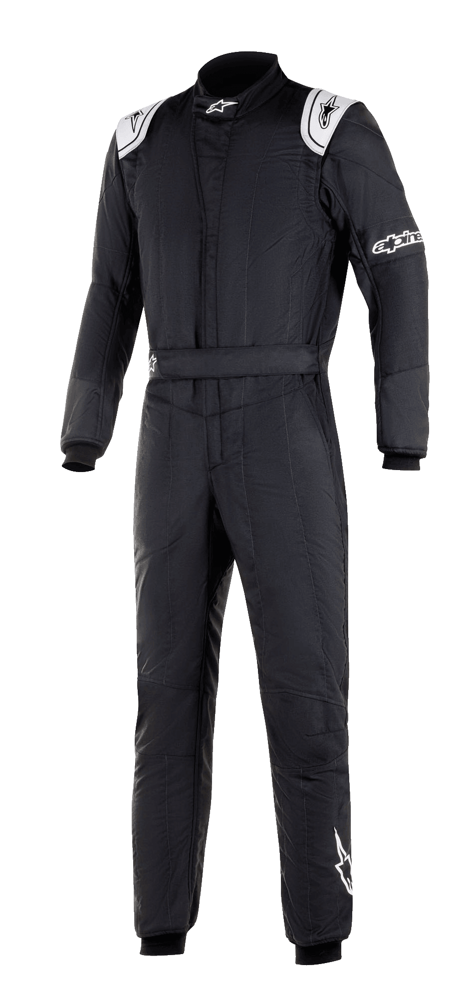Alpinestars GP Tech V3 Suit FIA, fato de corrida automóvel preto, com painéis brancos nos ombros com logótipos, gola alta e logótipos Alpinestars na manga e na perna, equipamento profissional para desportos motorizados com um design técnico de painéis