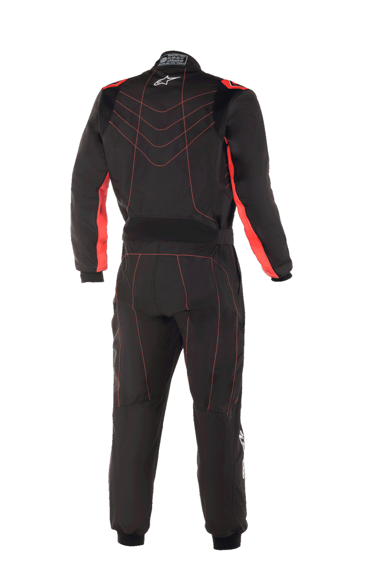 Alpinestars Youth KMX-9 V3 Suit, fato de karting, preto e vermelho fluo, vista traseira com costuras contrastantes vermelhas em padrão chevron nas costas, painéis vermelhos no interior dos braços, pequeno logótipo de estrela branco na gola e cinto ajustável na cintura para um visual de corrida profissional.