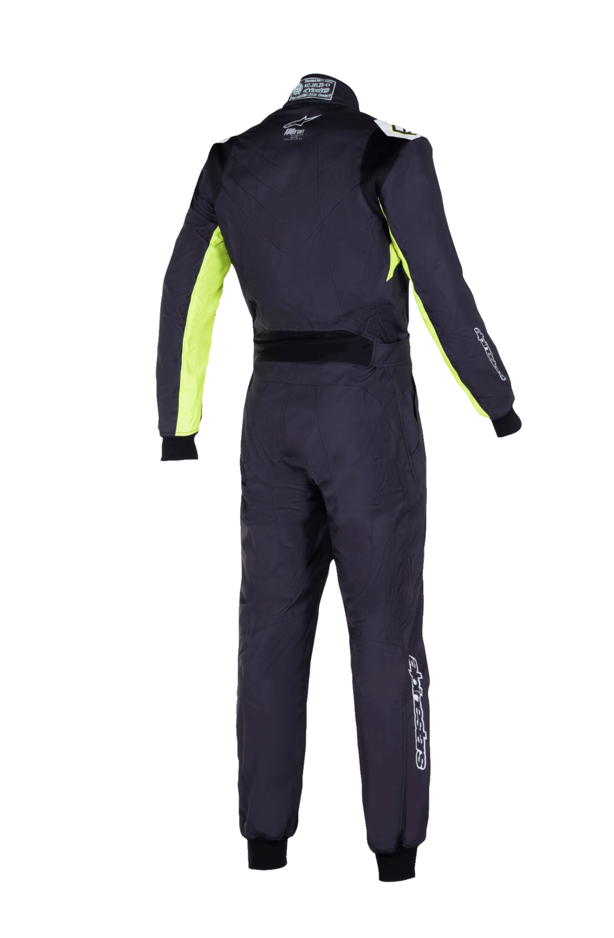 Alpinestars Youth KMX-9 V3 Suit Graphic 3, fato de karting para jovens, preto e amarelo fluo, vista traseira de fato de competição de peça única com painéis elásticos nas costas e ombros, detalhes em amarelo fluorescente na parte interna dos braços e logótipo Alpinestars na gola e na parte inferior da perna
