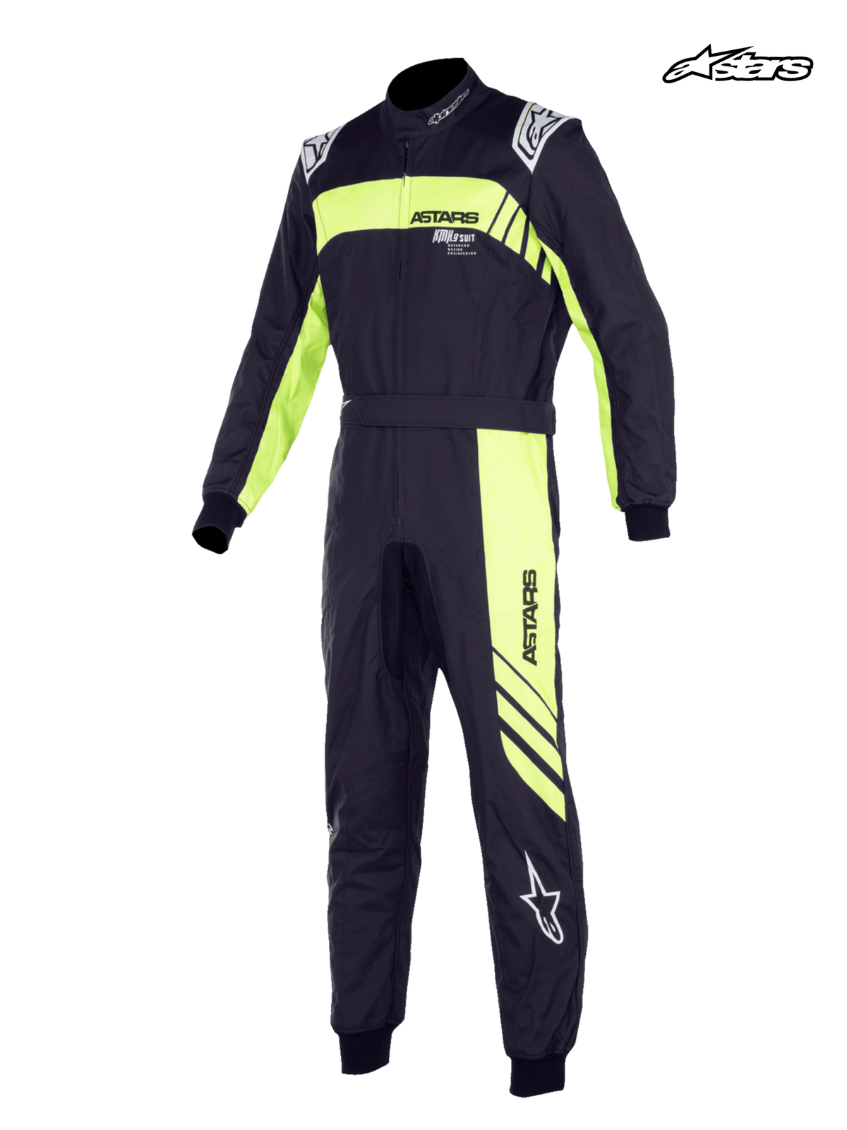 Alpinestars Macacão KMX-9 V3 Graphic 3 Jovem, macacão de karting para jovens, preto e amarelo fluo, certificado FIA com construção de dupla camada e dragonas inspiradas na Fórmula 1, vista frontal